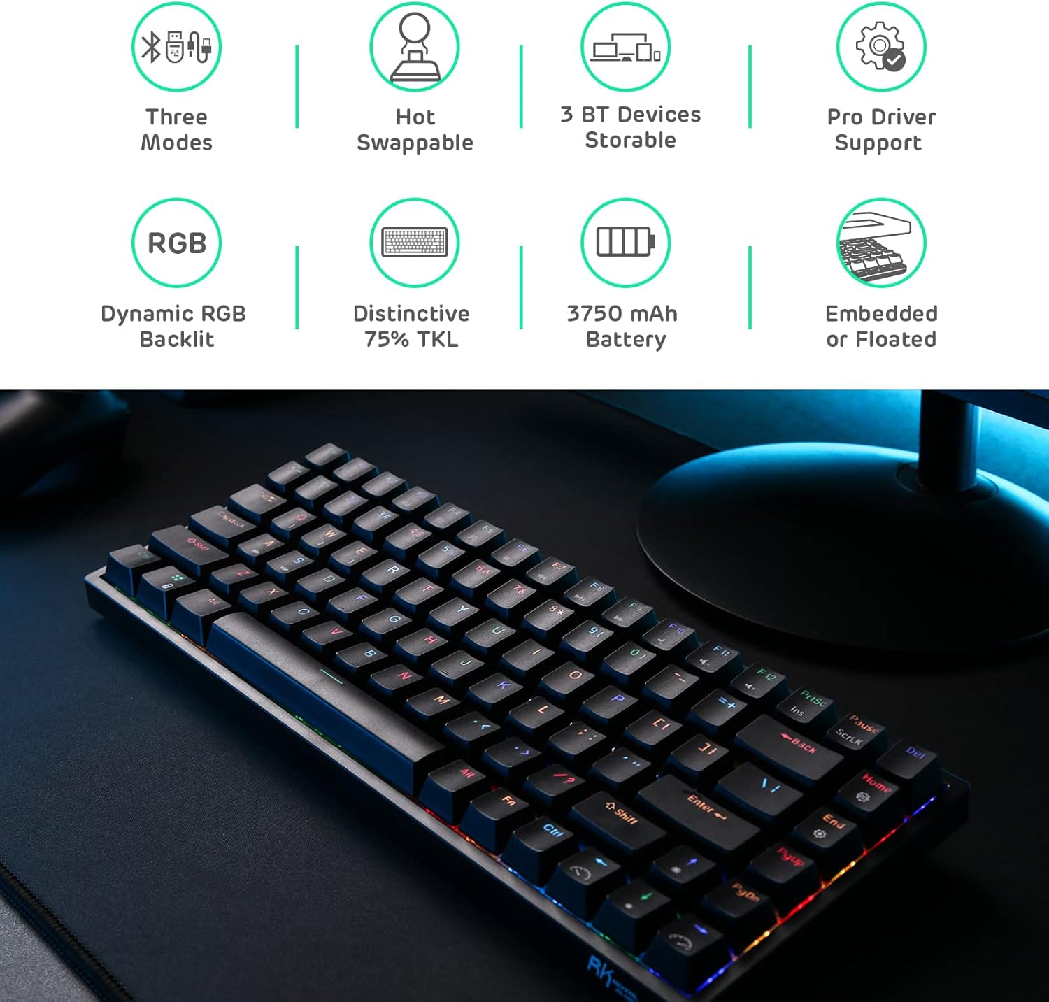 Thumbnail 1 de RK ROYAL KLUDGE RK84 75% RGB Wireless Mechanical Gaming Keyboard (3 modes) with hot-swappable Quiet Red switches