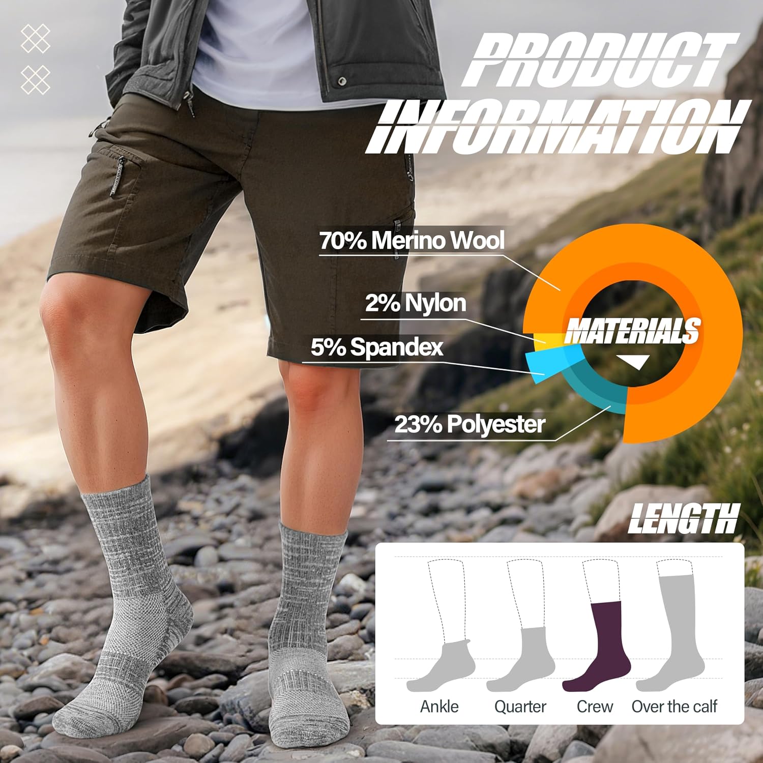 Detalle de ANTSANG Merino Wool Hiking Socks, 5-Pair Pack with Targeted Cushioning