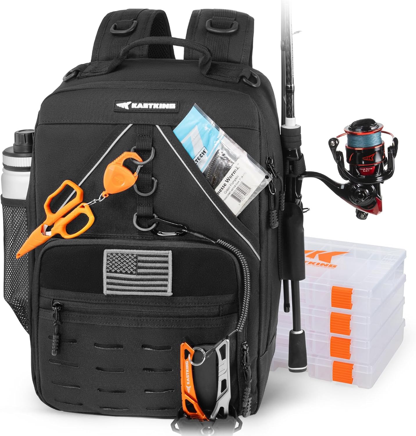 Detalle de KastKing KarryAll Fishing Tackle Backpack with Rod Holder and 4 Tackle Boxes