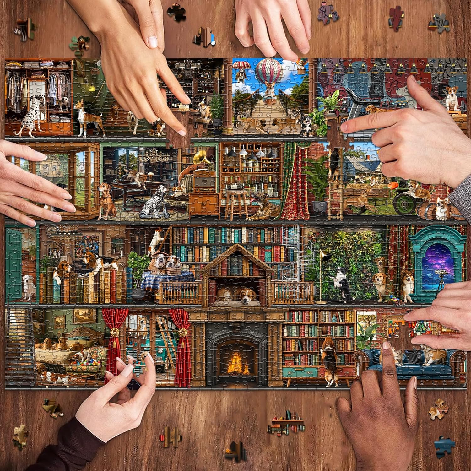 Detalle de HUADADA Puzzle 1000 Teile: Tiere‑Familieninteraktives Puzzle – Hundeleben Theater, 70 × 50 cm