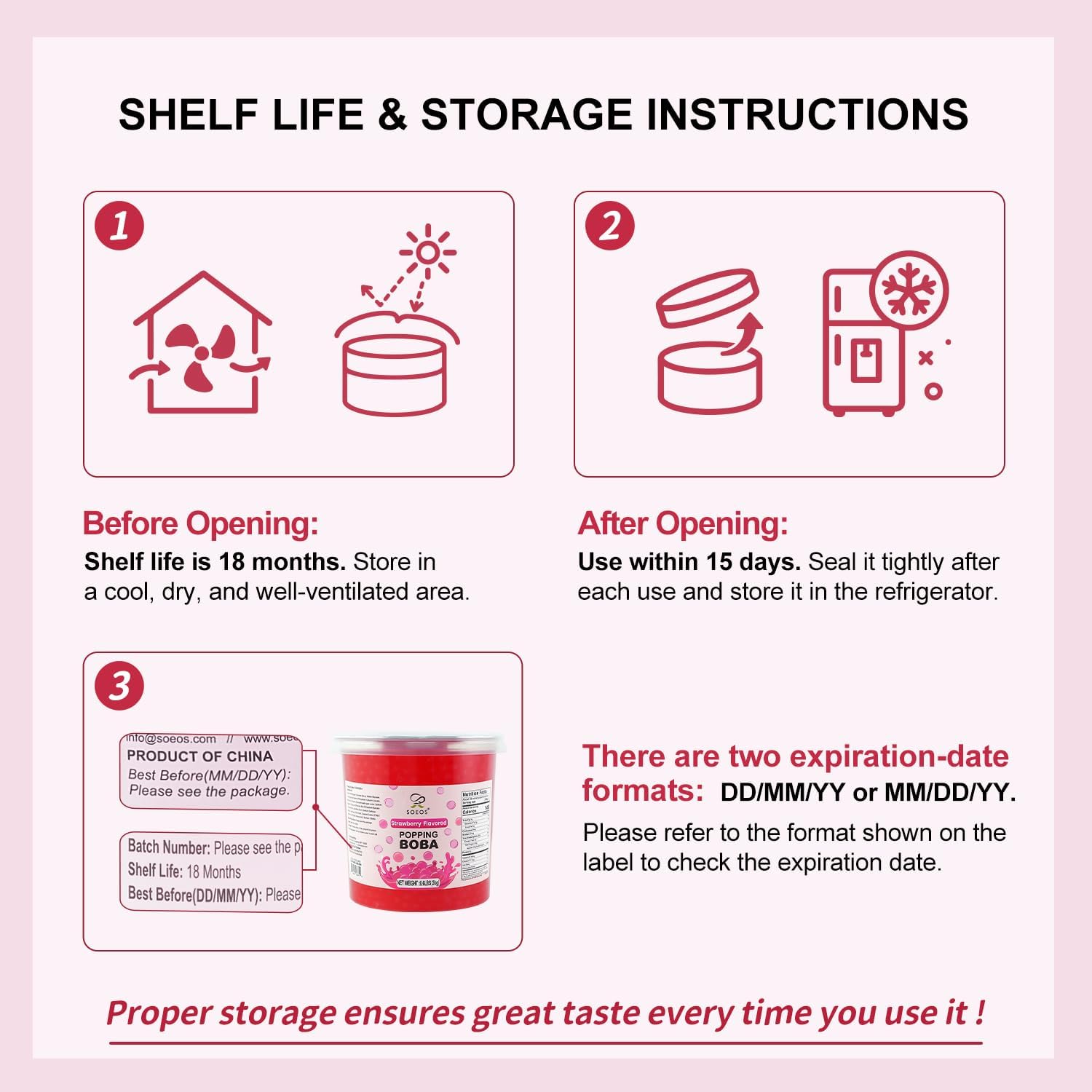 Detalle 1 de Soeos Strawberry Popping Boba, 550g Bursting Pearls for Drinks and Desserts