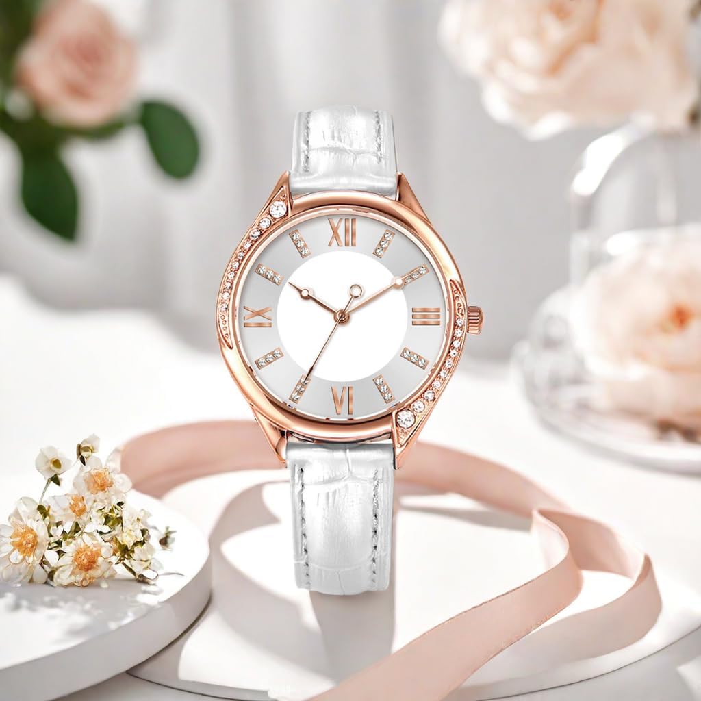 Detalle de Comtex Modische Damen-Armbanduhr Analog Quarz Weiß Zifferblatt – Roségold Gehäuse und Diamanten