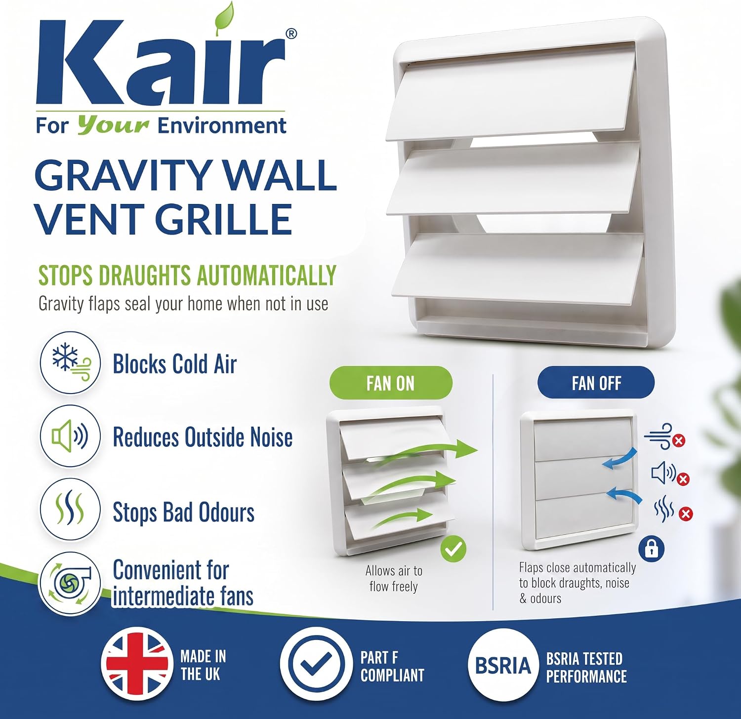 Thumbnail 1 de Kair White 100mm Gravity Wall Vent Grille with 155mm Cover and 99.5mm Rear Spigot