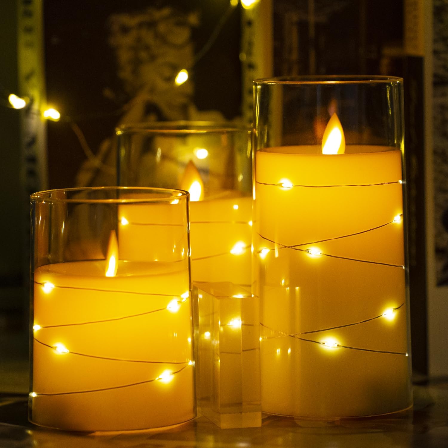 Thumbnail 6 de Salipt LED Flameless Candles, Battery Operated Flickering Candles Set of 3 (Glass Effect) with Remote Timer – Ivory
