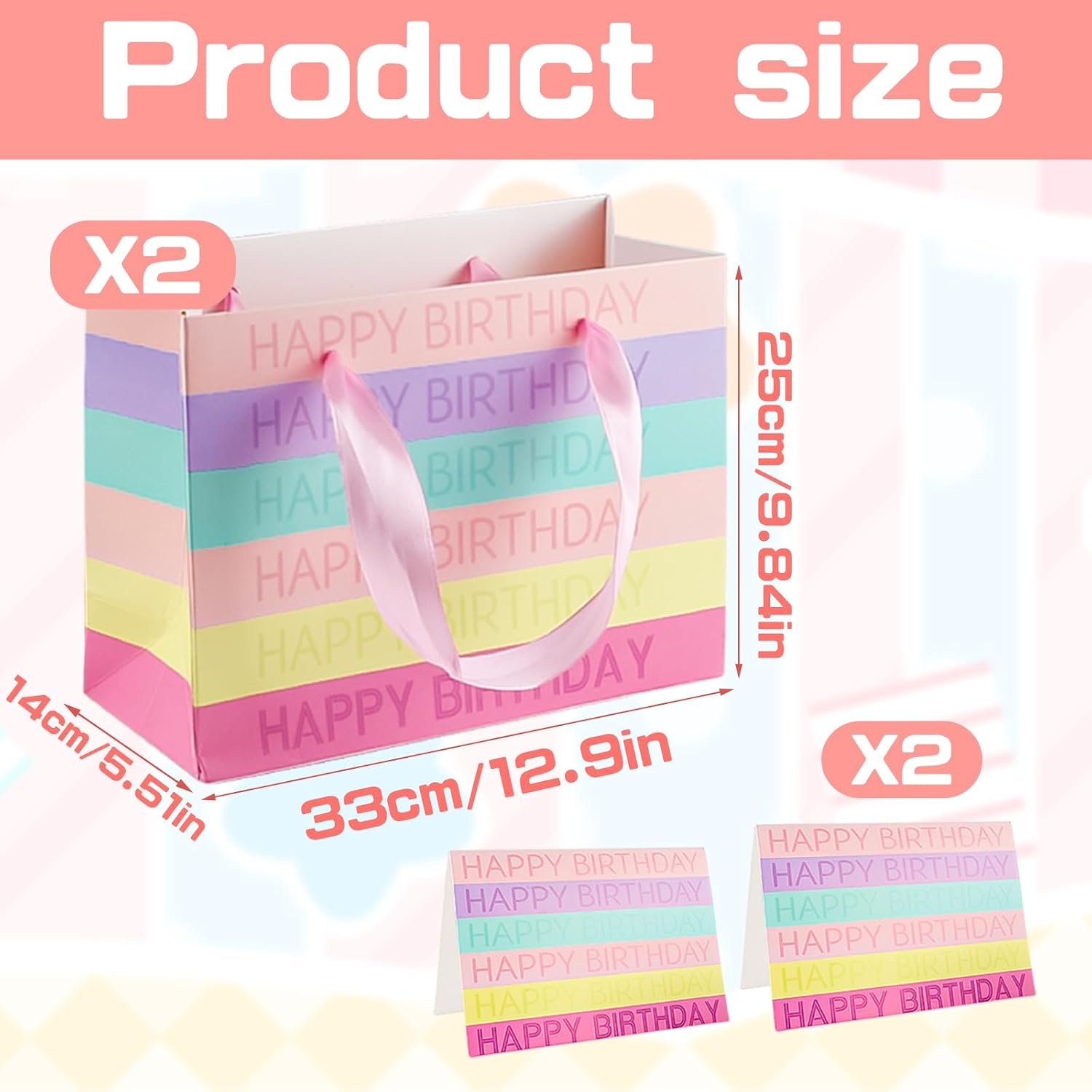 Thumbnail 6 de 2pc Happy Birthday gift bags (pink) with tissue paper and greeting cards