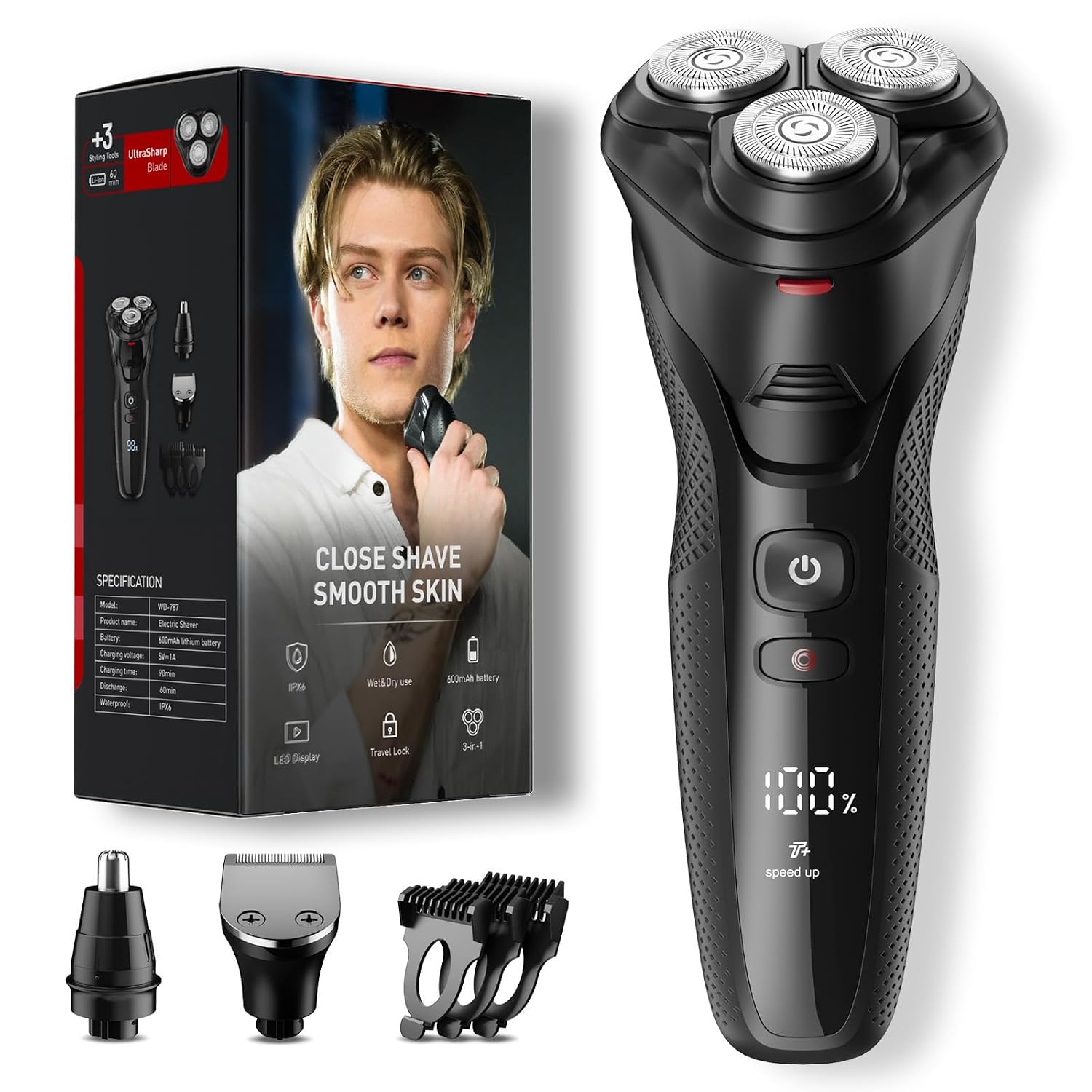 Rategist WD-787 3-in-1 Electric Razor for Men, IPX7 Waterproof