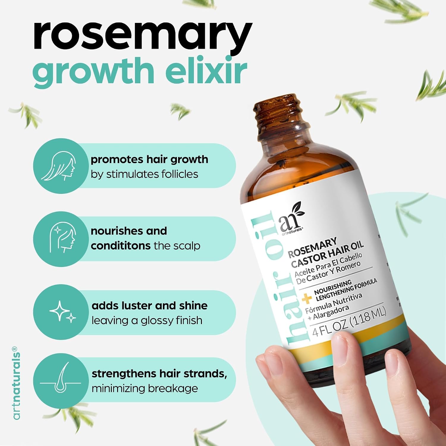 Detalle de Artnaturals Organic Rosemary Castor Hair Oil + Massager Set