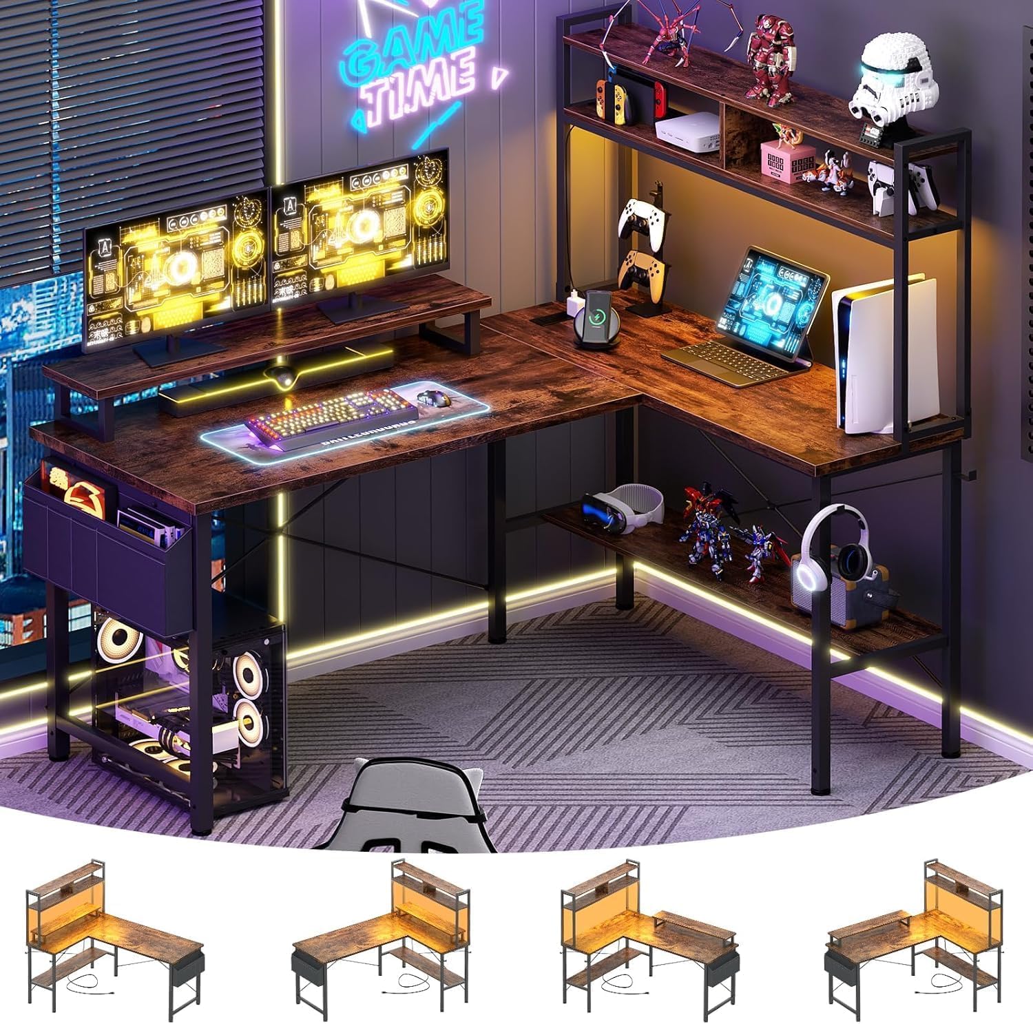 Thumbnail 6 de iSunirm L-Shaped Gaming Desk with Power Outlets & LED Lights – Brown