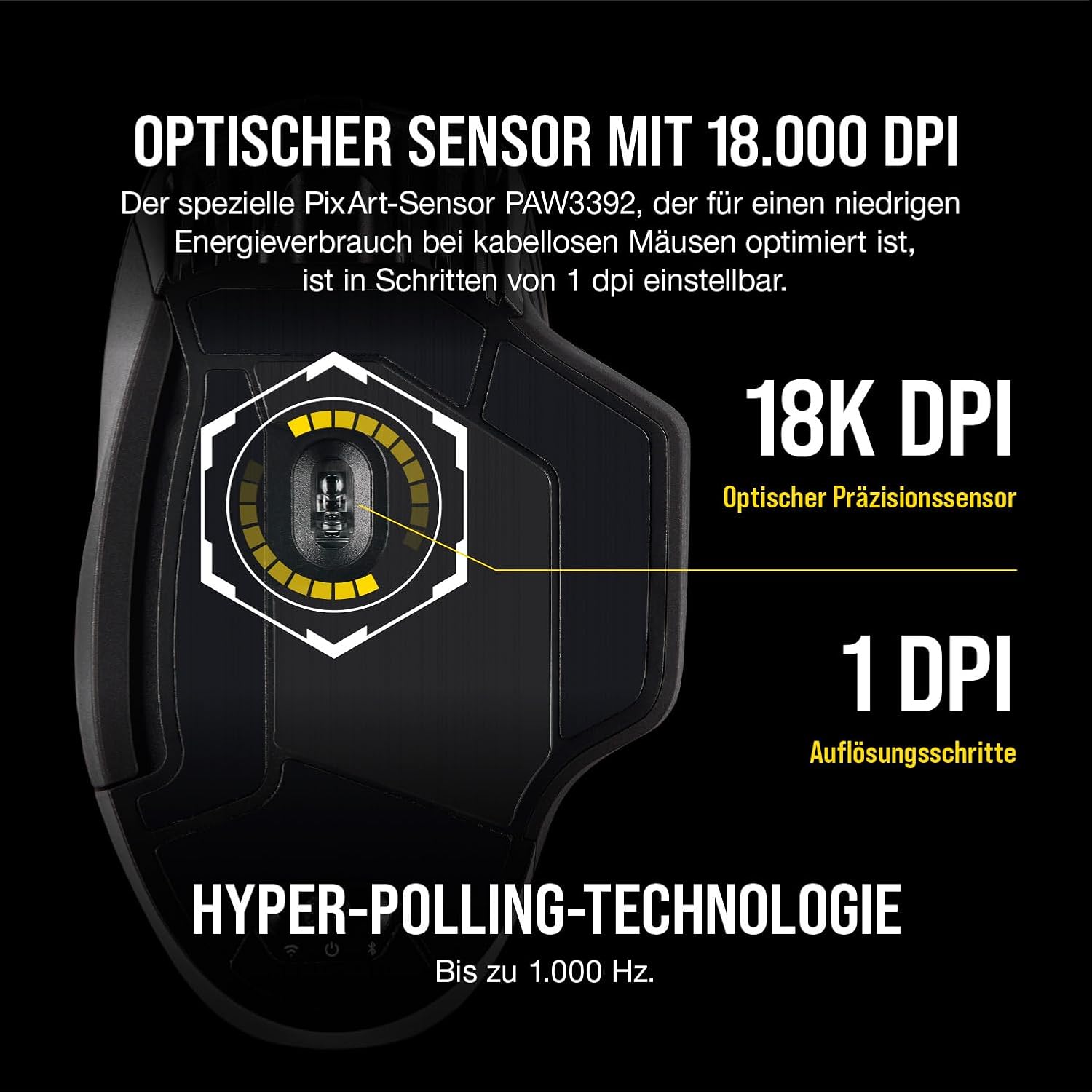 Detalle de CORSAIR DARK CORE RGB PRO Wireless Gaming-Maus mit Sub-1ms Slipstream & iCUE – 18.000 DPI, 8 programmierbare Tasten