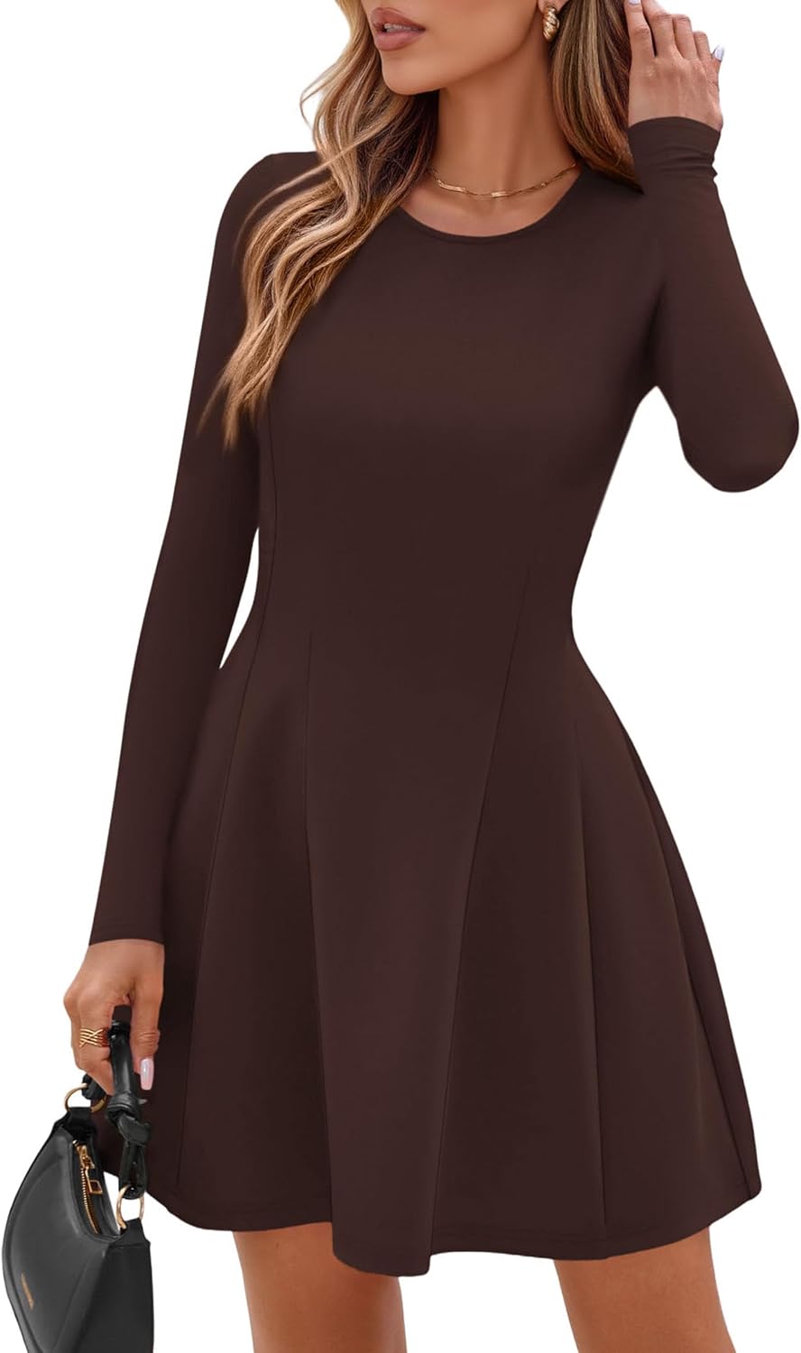 Detalle de PRETTYGARDEN Women's Pleated Knit Mini Dress, Long Sleeve A-Line