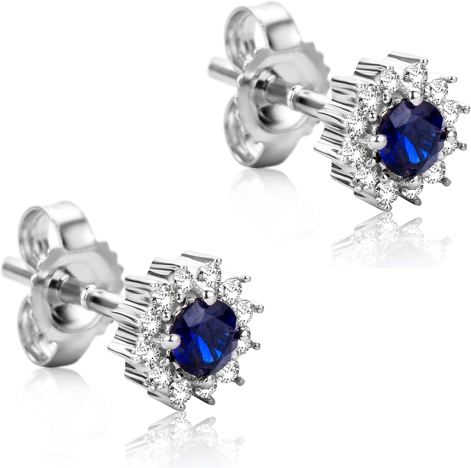 Detalle de Orecchini Orovi in Oro Bianco con Diamanti Naturali e Zaffiri Blu – Bottoncino a lobo, 9K 375