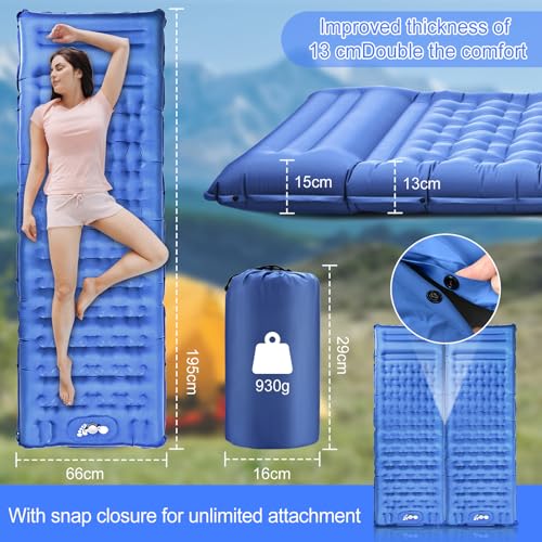 Detalle de BIAOQINBO Verbessertes Outdoor-Luftmatratze Blau – 13 cm Dicke, integriertes Kissen, Fußpumpe, 260 kg Belastbarkeit