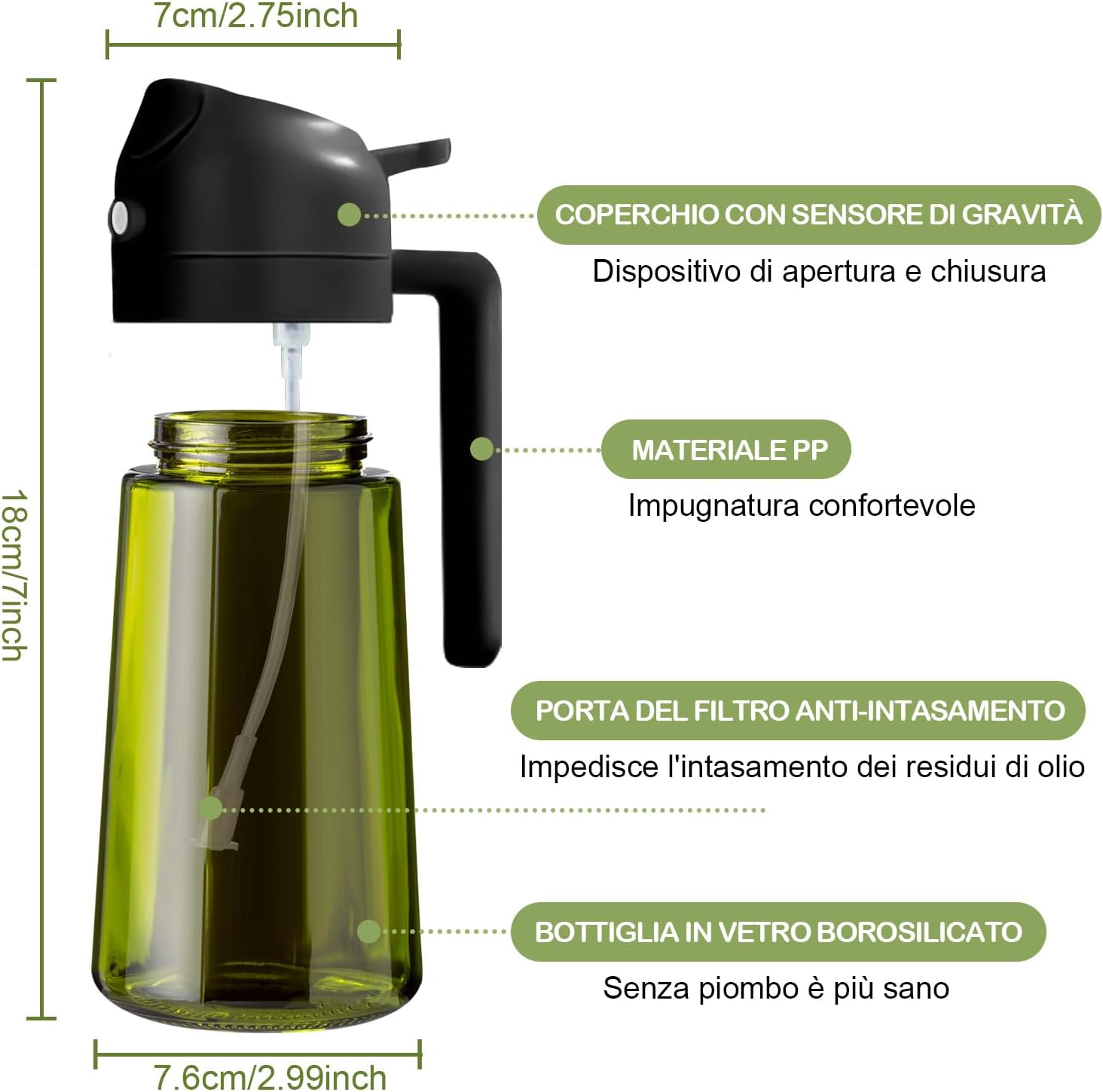 Detalle de YARRAMATE Spruzzino Olio in Vetro 2 in 1: dosatore e nebulizzatore da 470 ml, nero