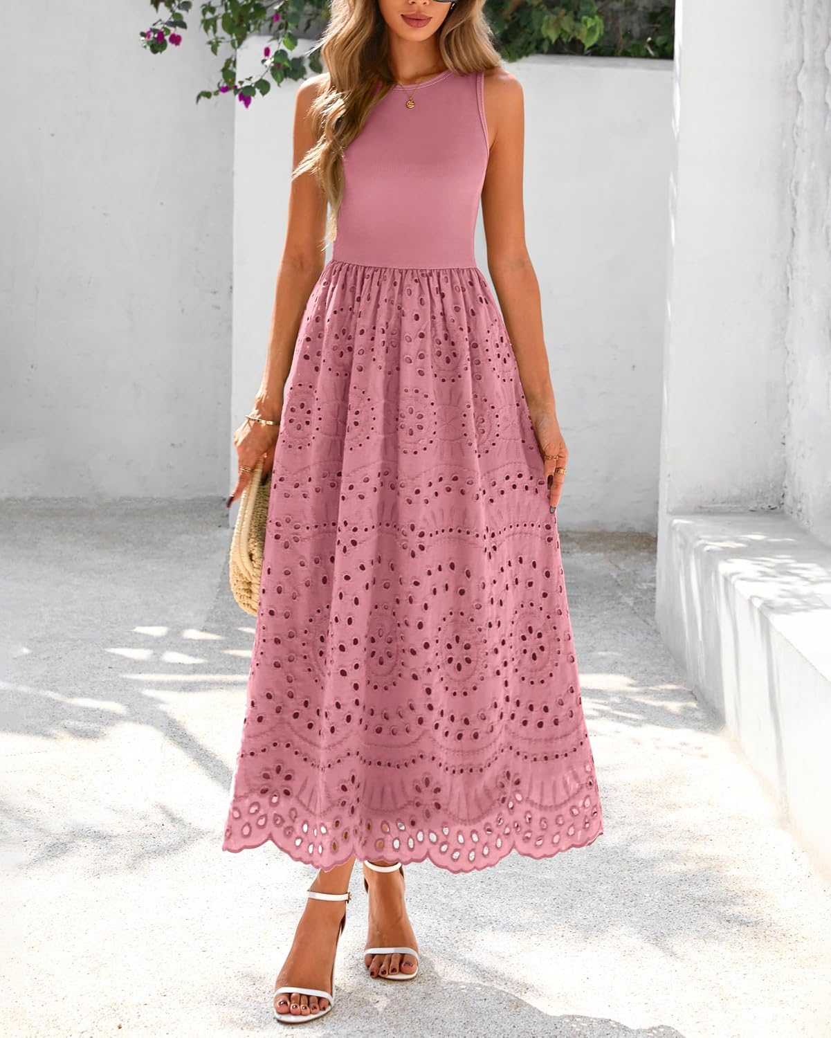Detalle de Dowerme 2026 Boho Lace Eyelet Maxi Dress with Pockets – Sleeveless Crewneck A-Line