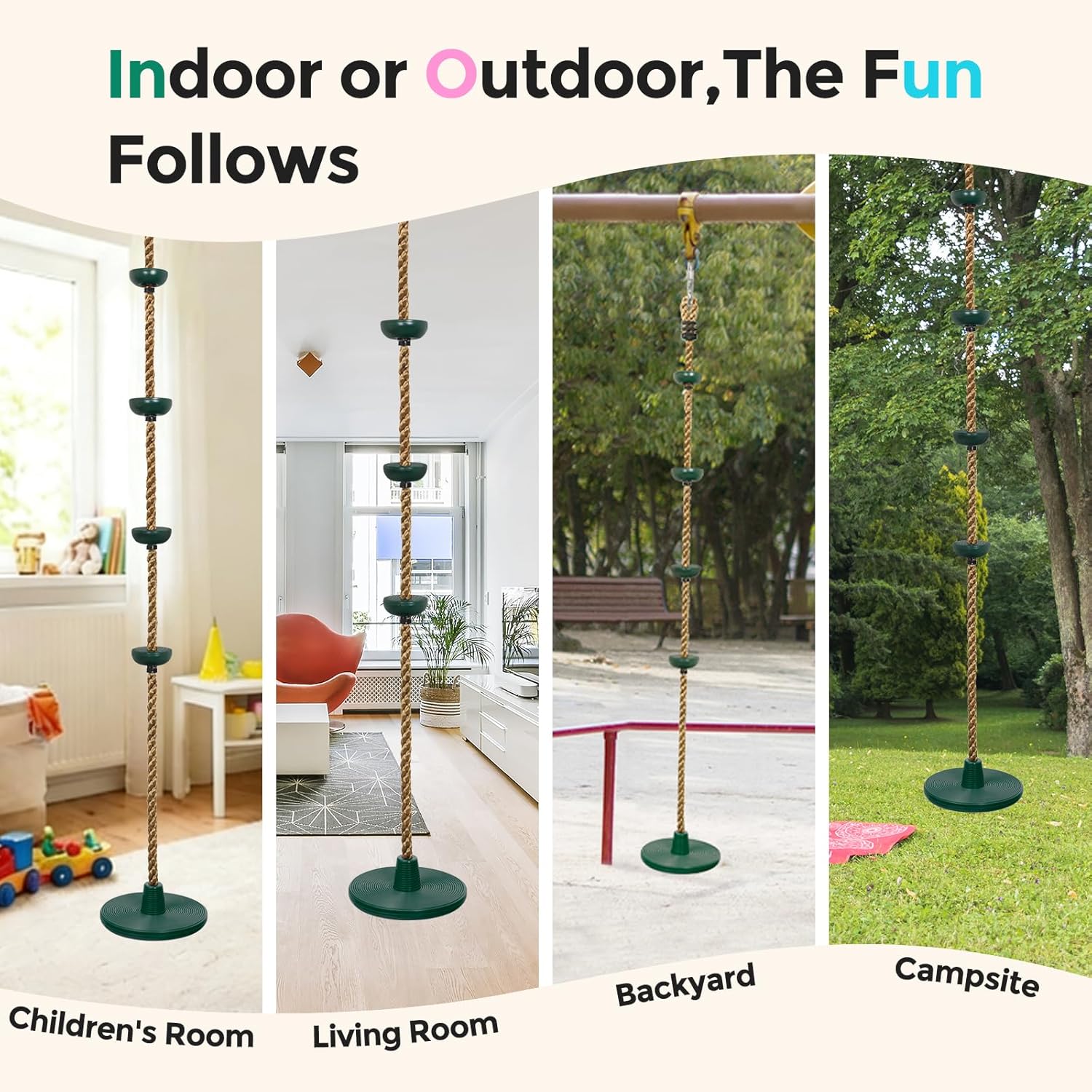 Detalle 2 de DECORLIFE Tree Swing for Kids with Adjustable Rope, Disc Seat & Locking Carabiners (Green)