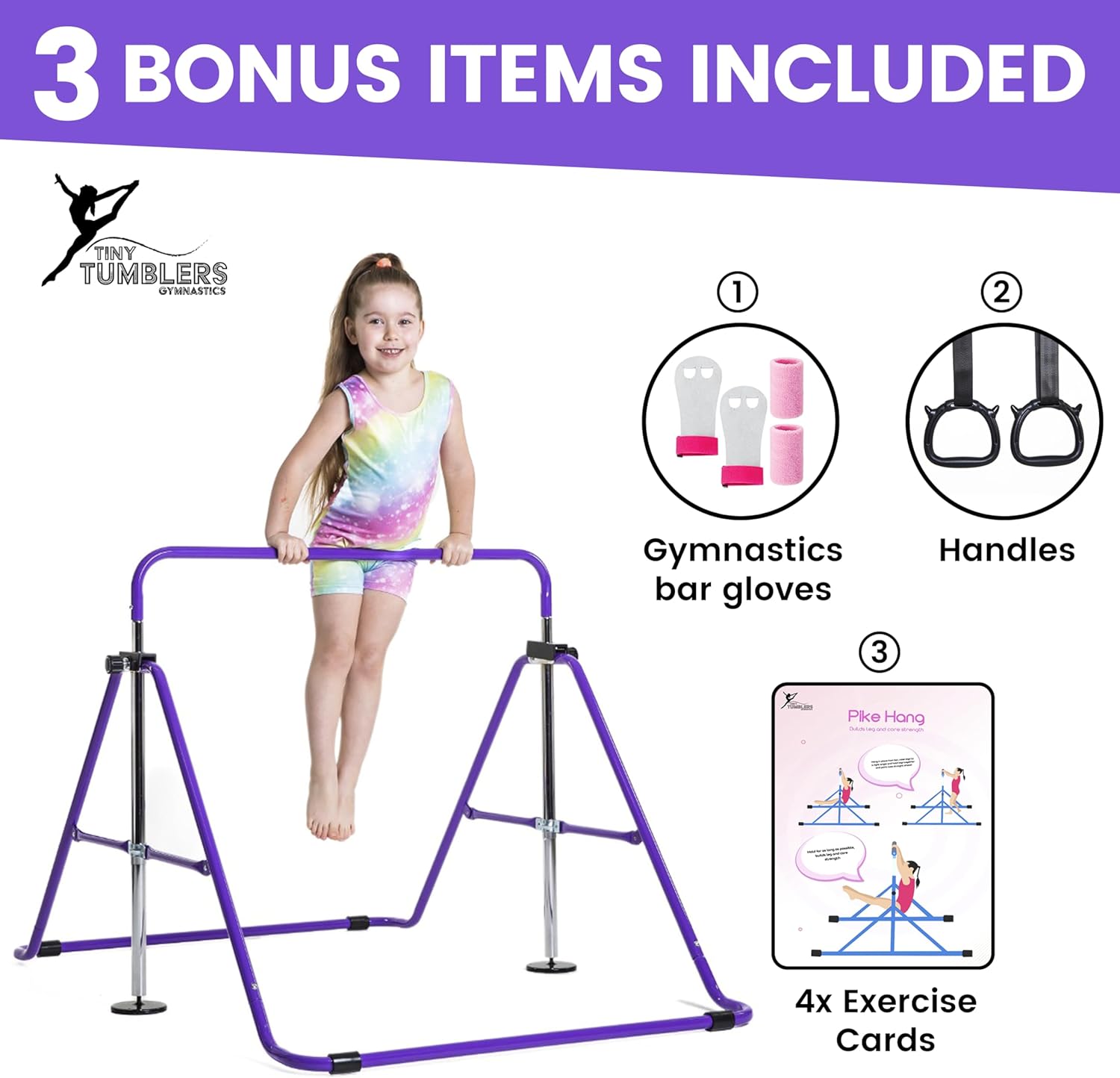 Detalle 2 de TINY TUMBLERS Gymnastics Bar with Rings and Hand Grips – Adjustable Home Bar for Kids