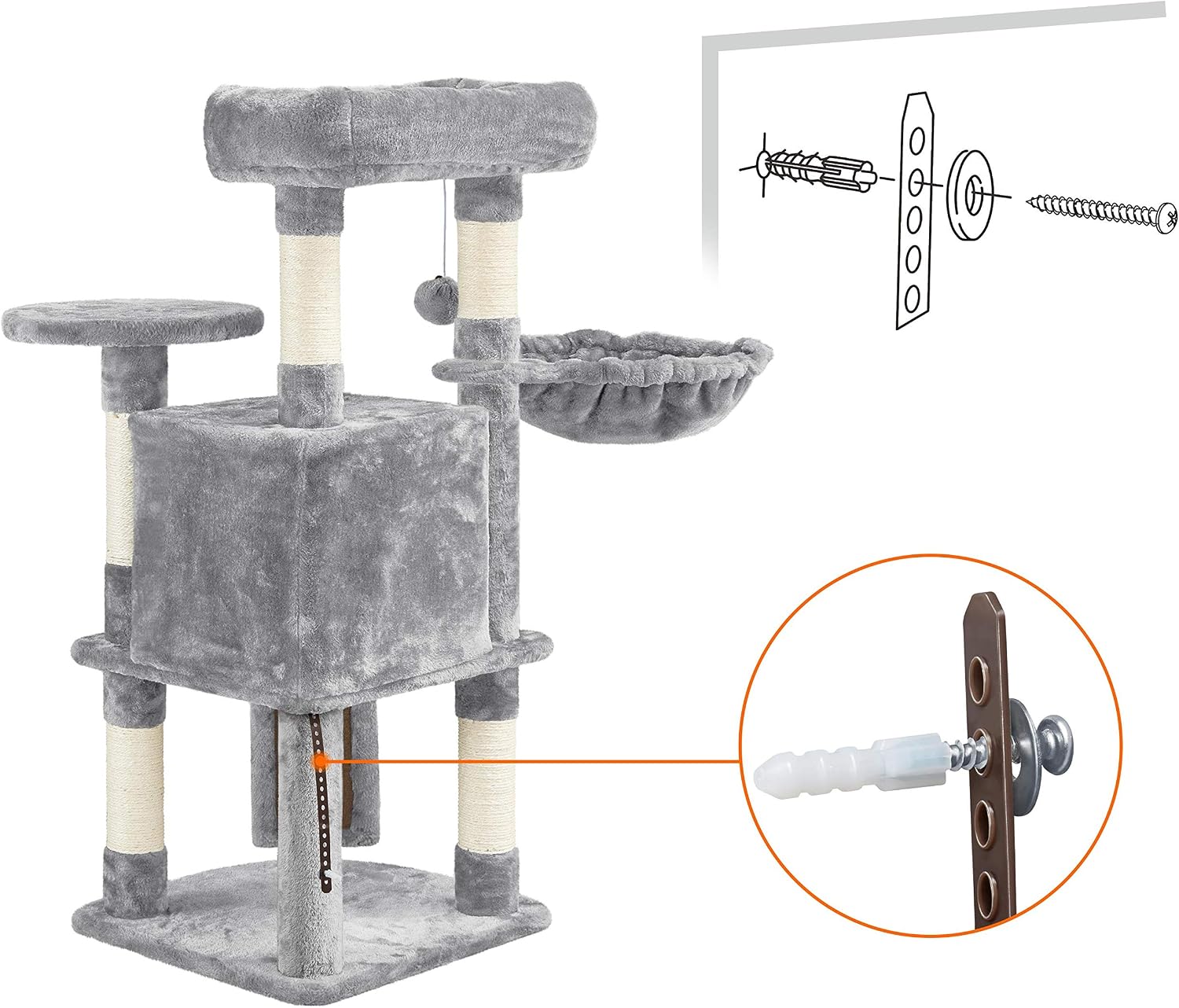 Detalle de Yaheetech Albero Tiragraffi per Gatti con Ampio Trespol Grande, Cesto e Grotta – 43,5 × 43,5 × 106 cm, Grigio Chiaro