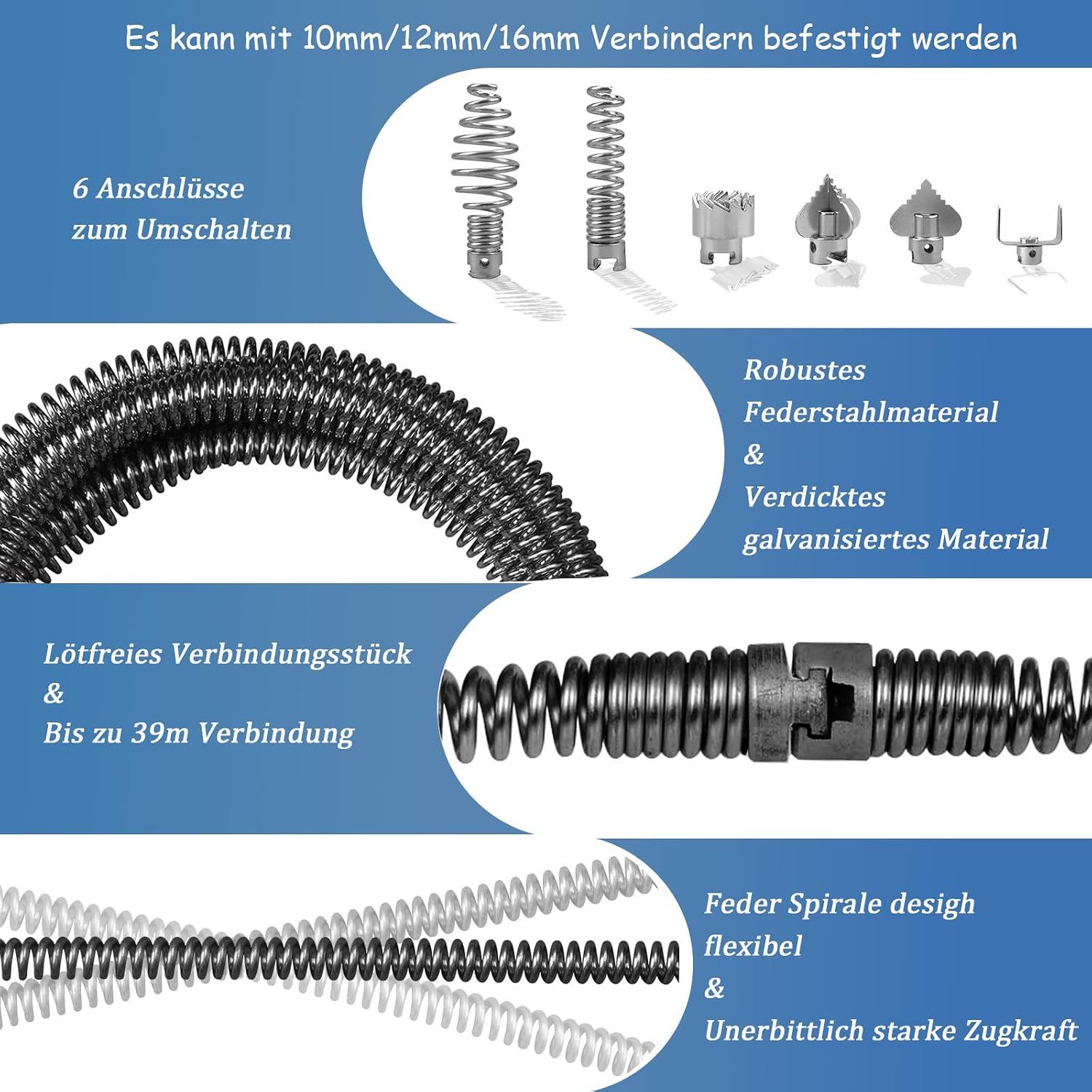 Detalle de Spirale per la pulizia dei tubi: set completo con 2 spirali da 3 m, teste intercambiabili e adattatore elettrico