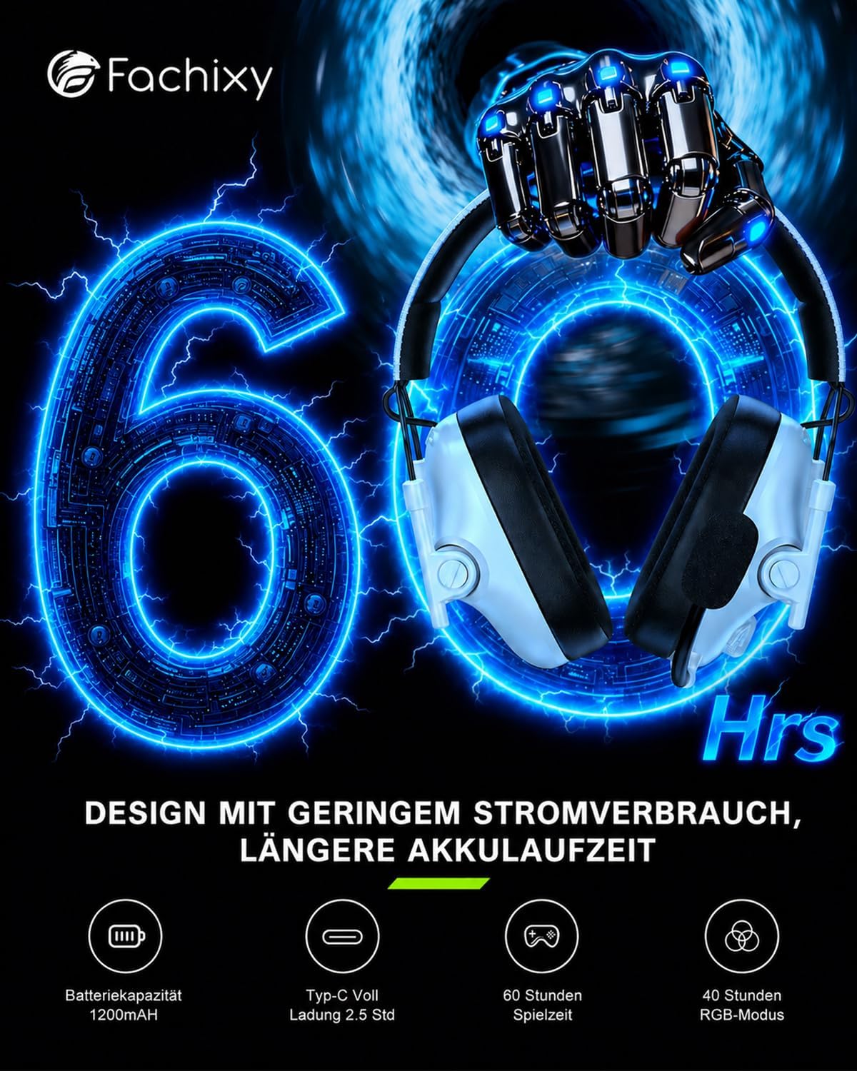 Detalle de Fachixy Gaming Headset Wireless für Xbox Series X|S|One, PC, PS5, PS4, Switch – 2,4 GHz, Bluetooth 5.4, Faltbar, RGB, 60 Stunden Akkulaufzeit