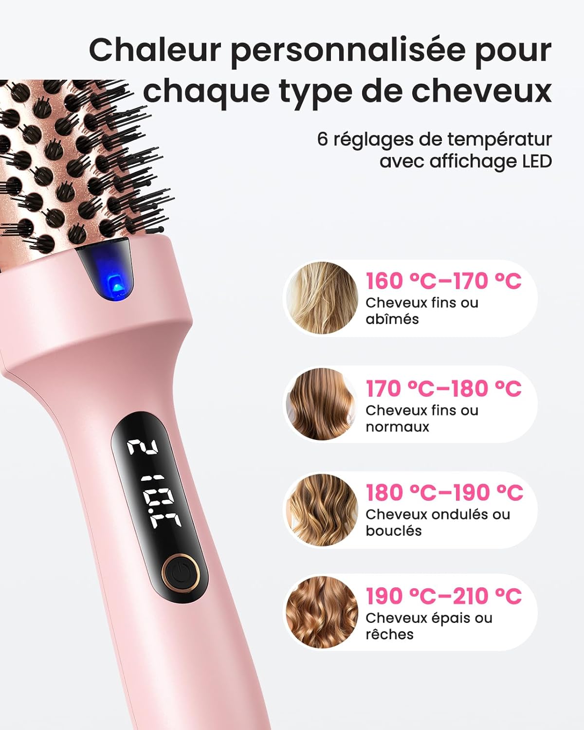 Thumbnail 4 de Haokoo Brosse Chauffante Ionique 38 mm – Lissage & Boucles, 6 niveaux et chauffage rapide (Rose)