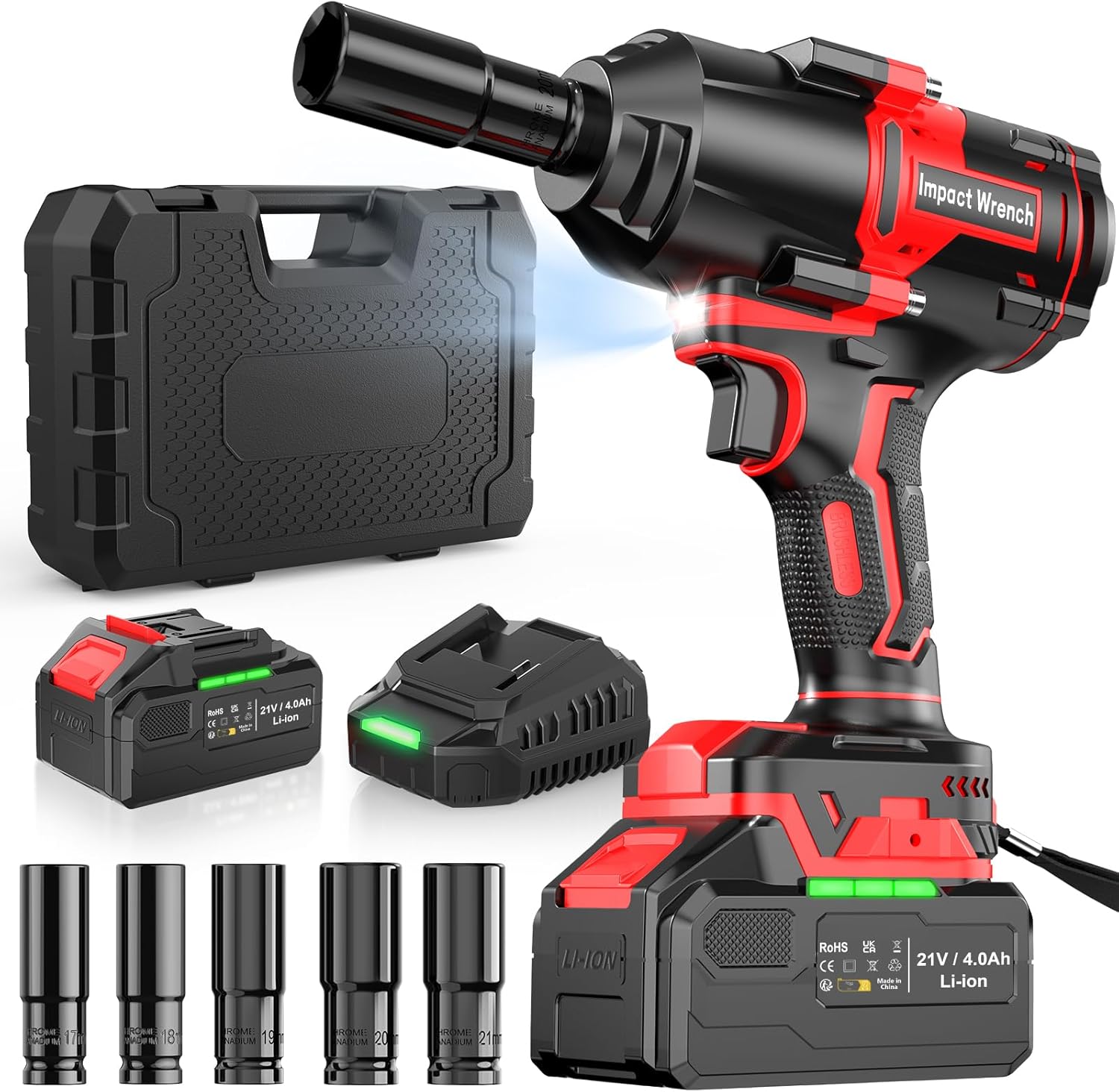 Bamse Impact Wrench Cordless 1/2in brushless impact driver (21V) with 4000mAh battery, fast charger and 5 sockets