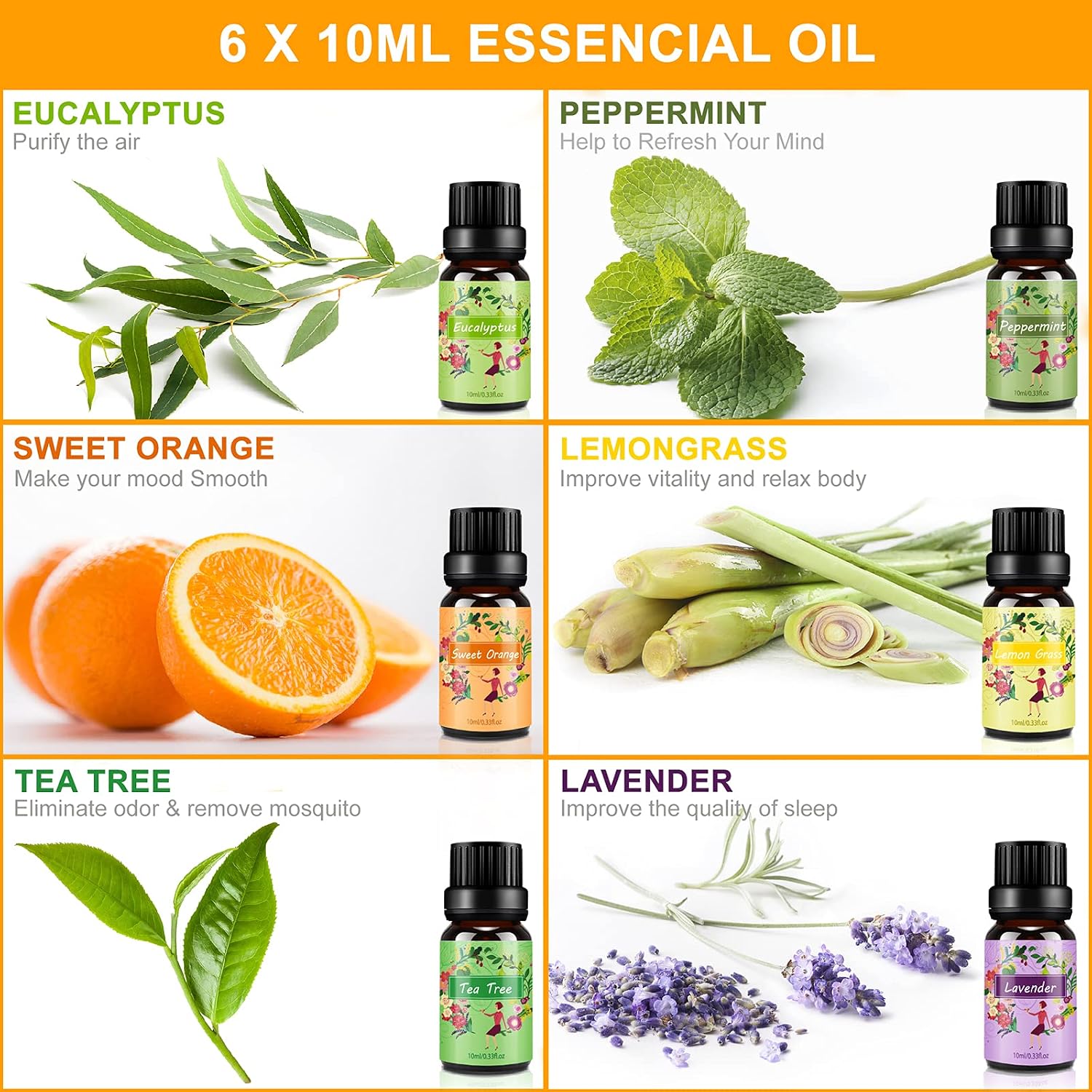 Detalle 2 de ISURI Ätherische Öle Set für Diffuser (6×10 ml) – Lavendel, Minze, Teebaum, Eukalyptus, Zitronengras, Süßorange