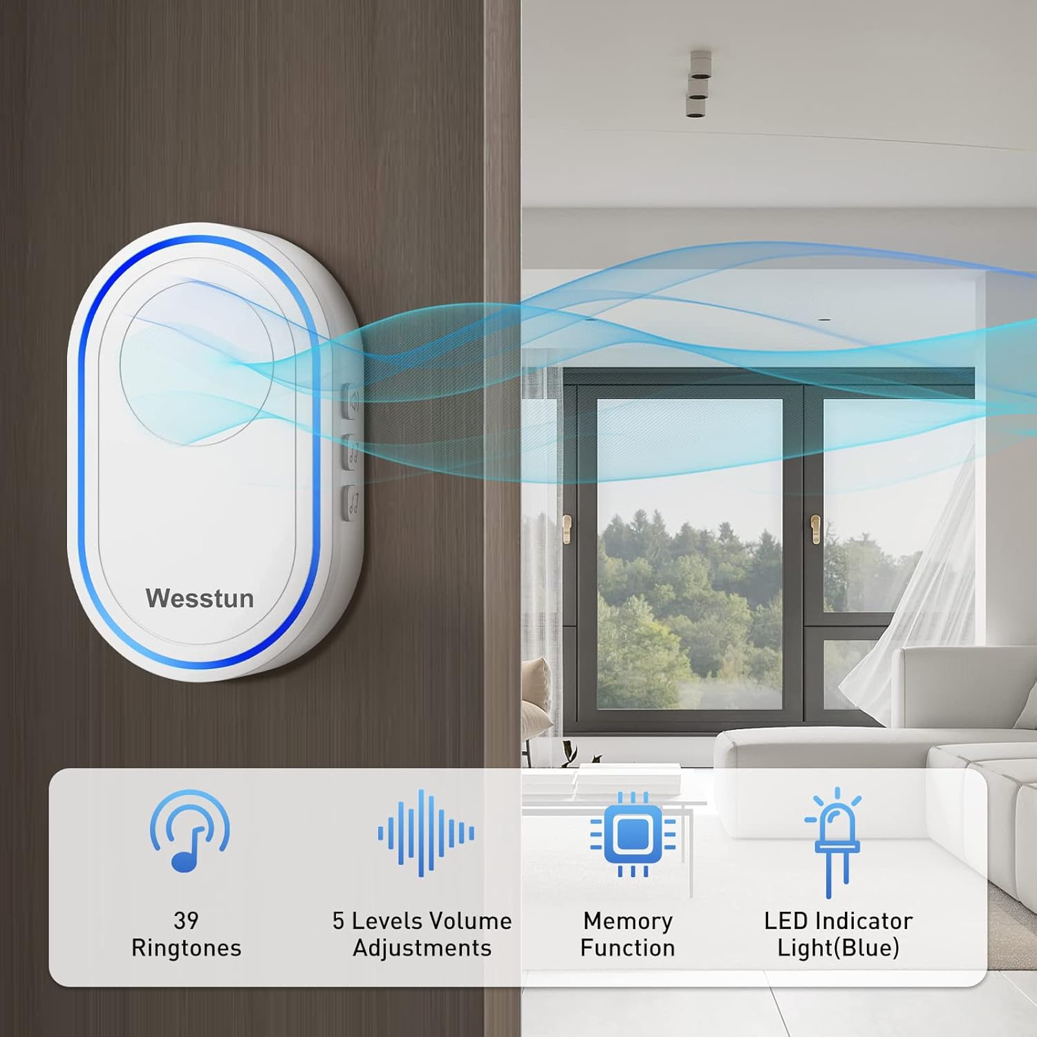 Thumbnail 2 de Wesstun Wireless Doorbell (Waterproof) with 39 chimes and 5-volume levels, White