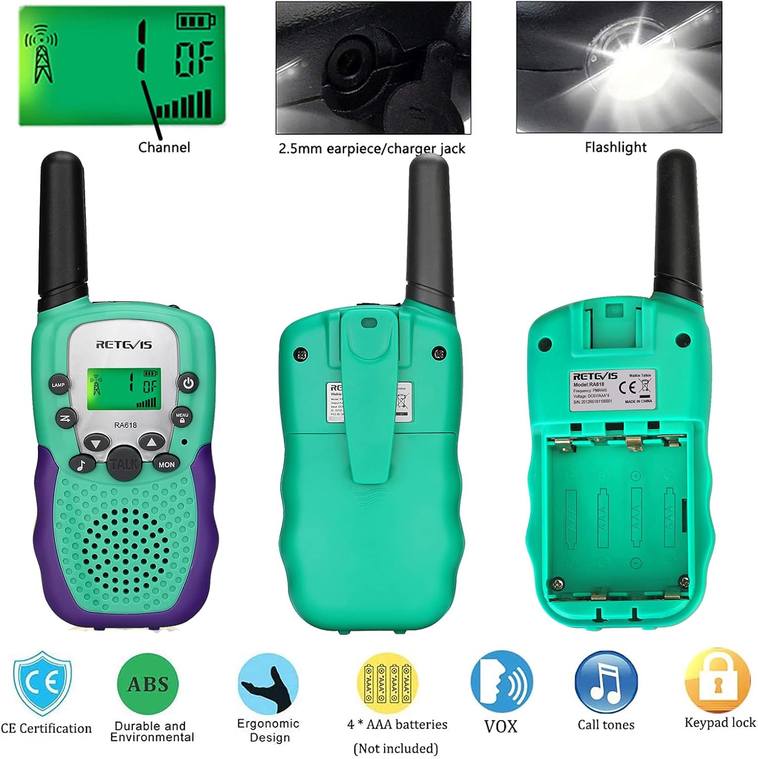 Thumbnail 2 de Retevis RA618 talkie-walkie enfants (RA618) vert – 8 canaux, VOX et codes DCS/CTCSS