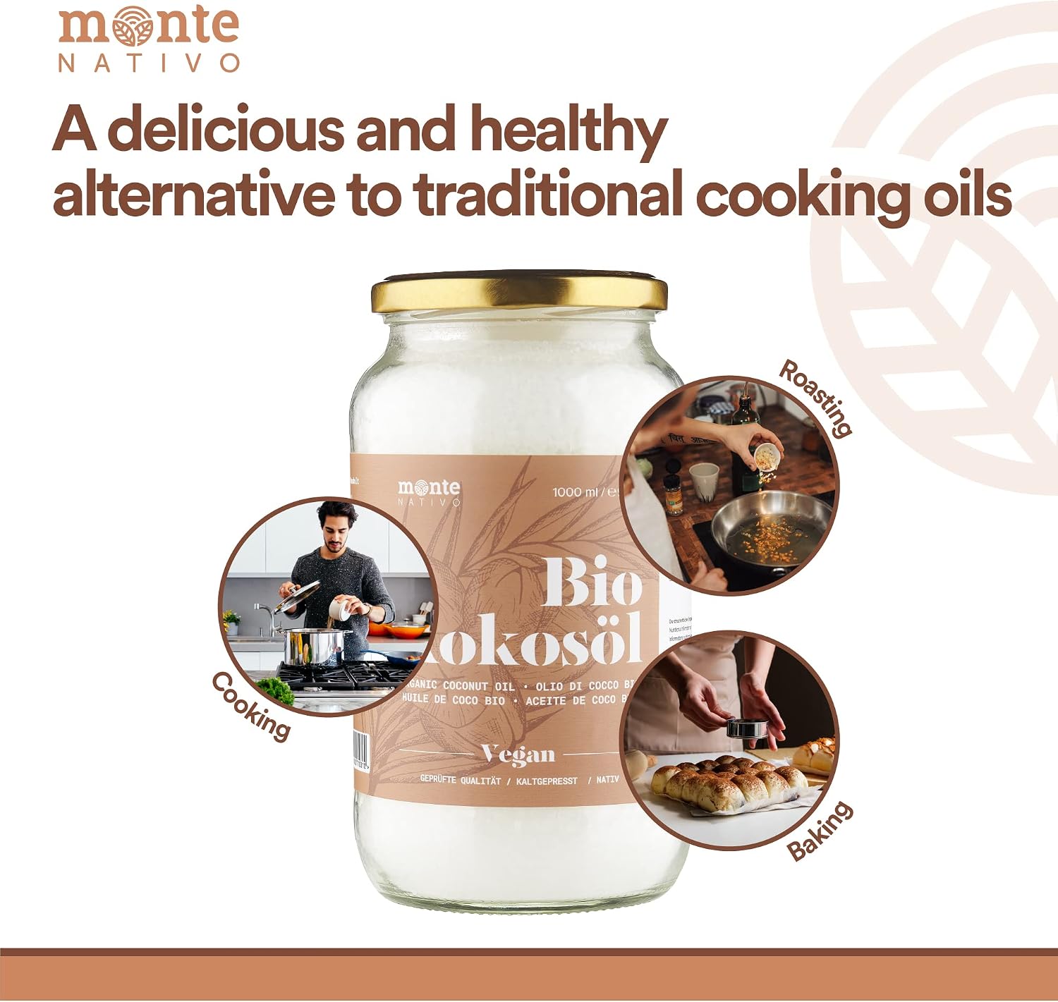 Detalle de MonteNativo Olio di Cocco Biologico Extra Vergine – 3x1000 ml: crudo, spremuto a freddo e non raffinato