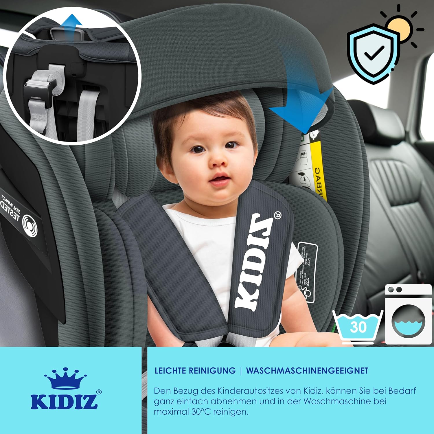 Thumbnail 4 de KIDIZ Autokindersitz mit Isofix i-Size R129 100-150cm – mitwachsender Sitz, 5-Punkt-Gurt, höhenverstellbare Kopfstütze, Anthrazit