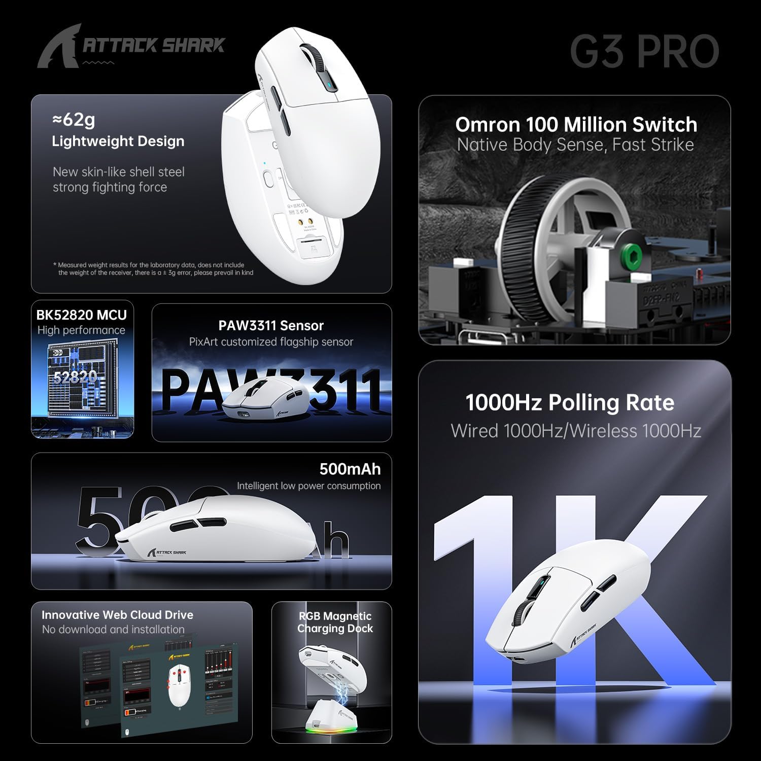 Thumbnail 2 de ATTACK SHARK G3PRO Gaming-Maus mit magnetischer Ladestation, PixArt PAW3311 (25.000 DPI) & 3-Modi-Verbindung