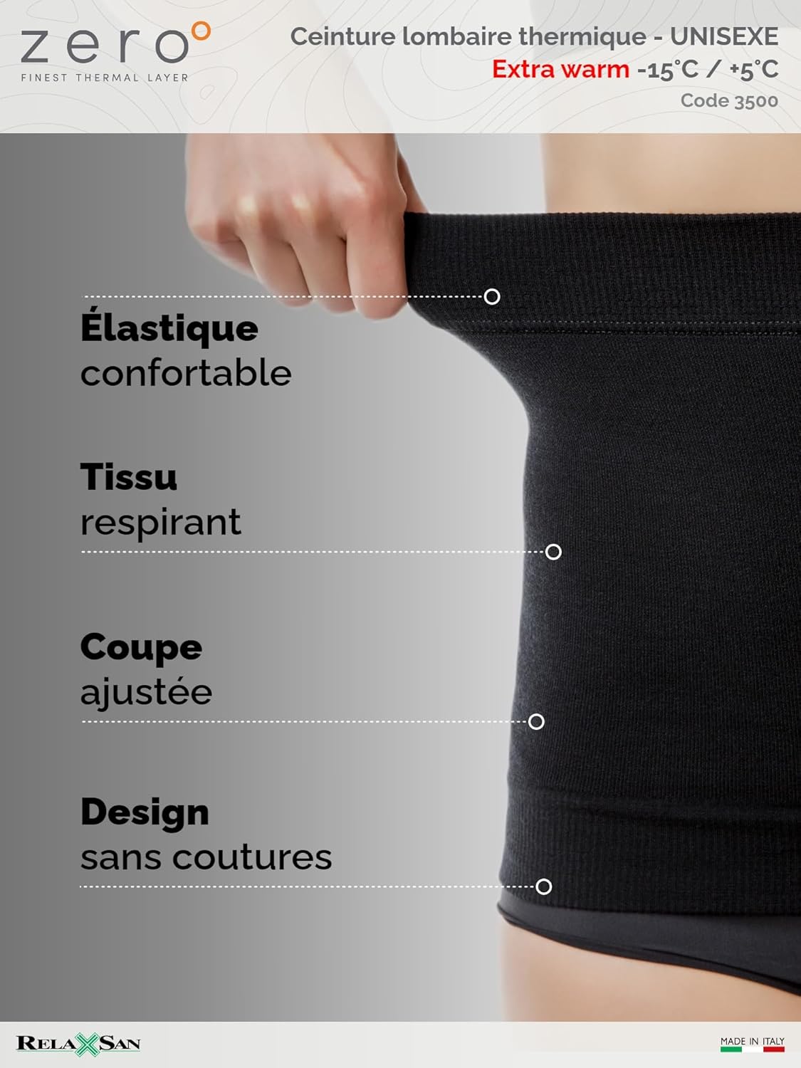 Thumbnail 4 de Relaxsan Zero 3500 ceinture lombaire thermique en laine mérinos et Dryarn (Noir, taille S)