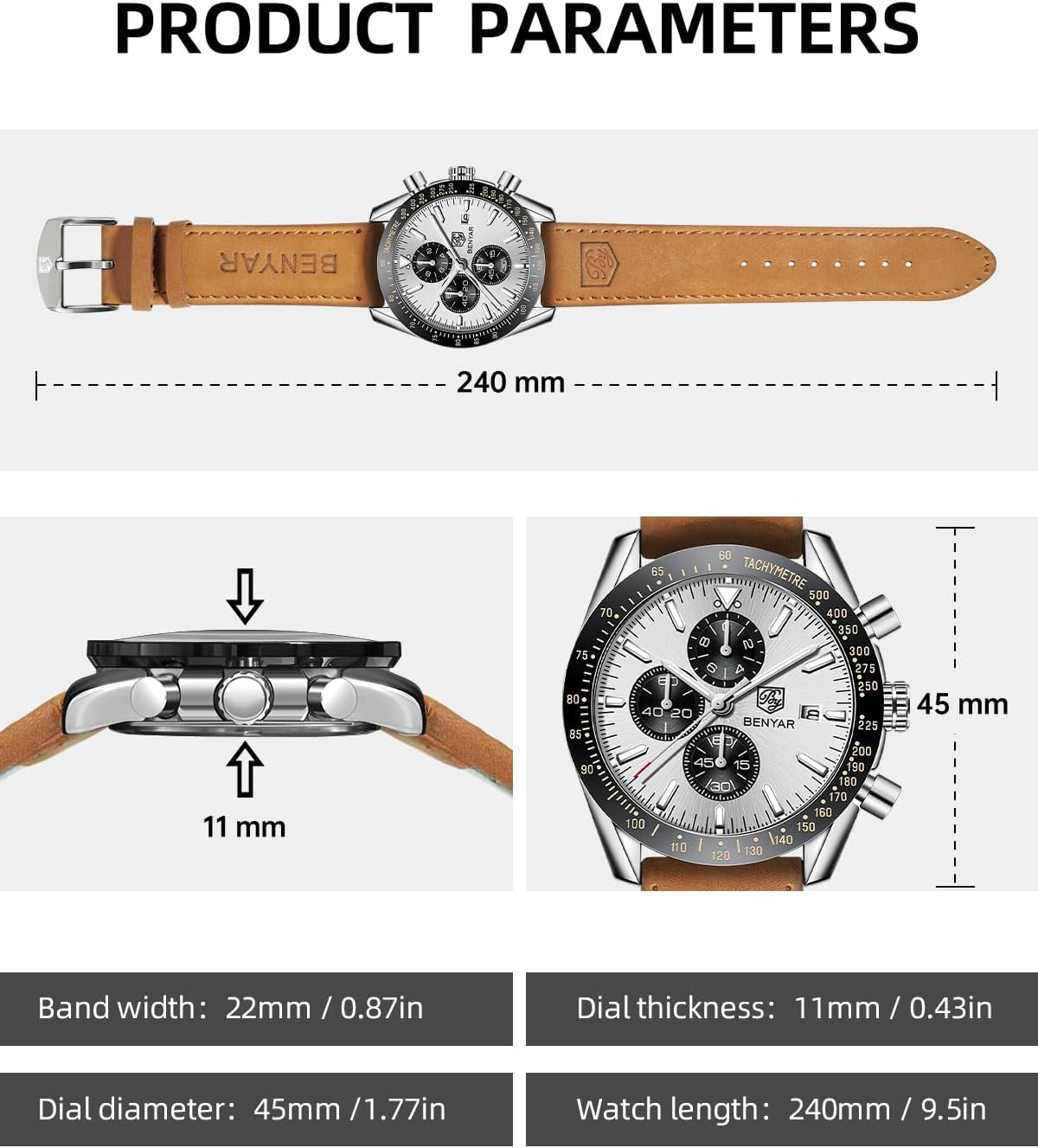 Detalle 2 de BENYAR Herrenuhr Analog Quartz Chronograph – 45 mm, Lederband, 30M Wasserdicht