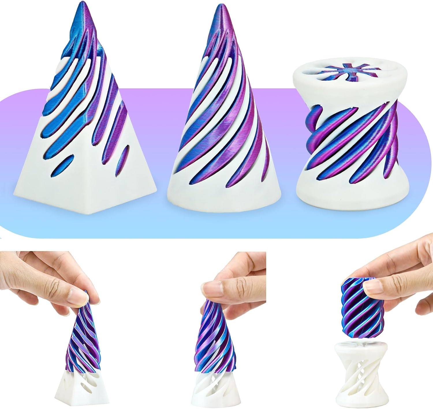 Detalle de Olee Odee Pyramid-03 3D-Printed Optical Illusion Fidget Set, PLA, White-Purple