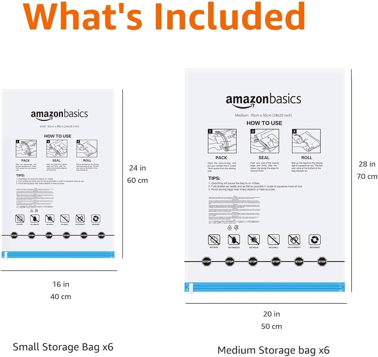Detalle de Amazon Basics: Sac de rangement enroulables pour voyage (12 pièces) – 6 petits et 6 moyens, transparents