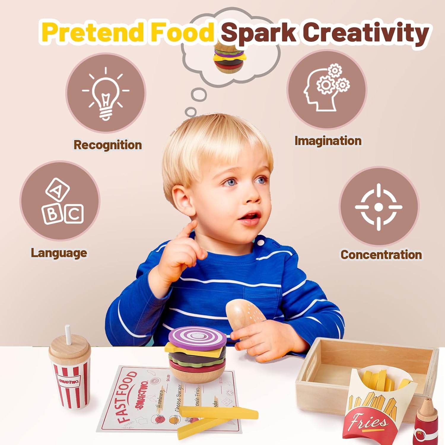 Thumbnail 2 de Smartwo Wooden Fast Food Play Set: Burger, Fries & Drink with Menu for Kids