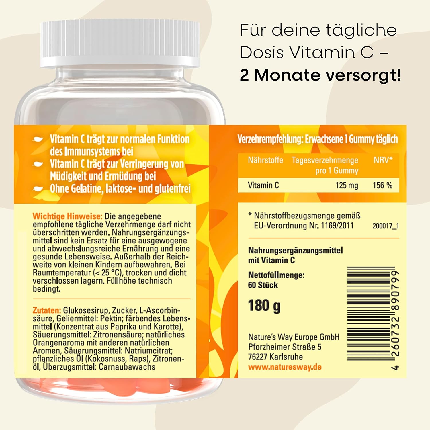 Detalle de Vitamin C Gummibärchen für Erwachsene – hochdosierte Vitamin-C Gummies mit 125 mg, vegan & gluten- sowie laktosefrei (60 Stück)