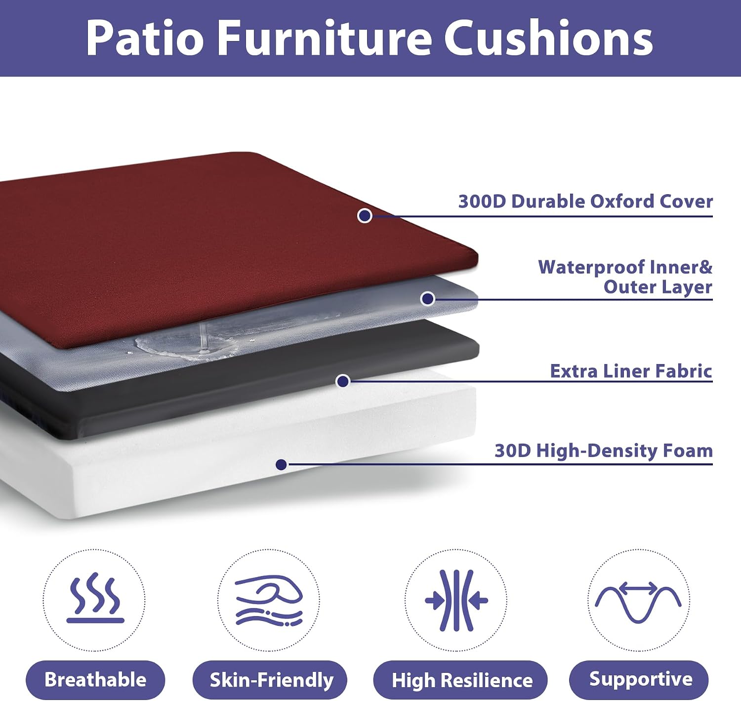 Detalle 2 de IPYNBAP Outdoor Chair Cushions 19 x 19, Set of 4, Burgundy, 3-Inch Foam