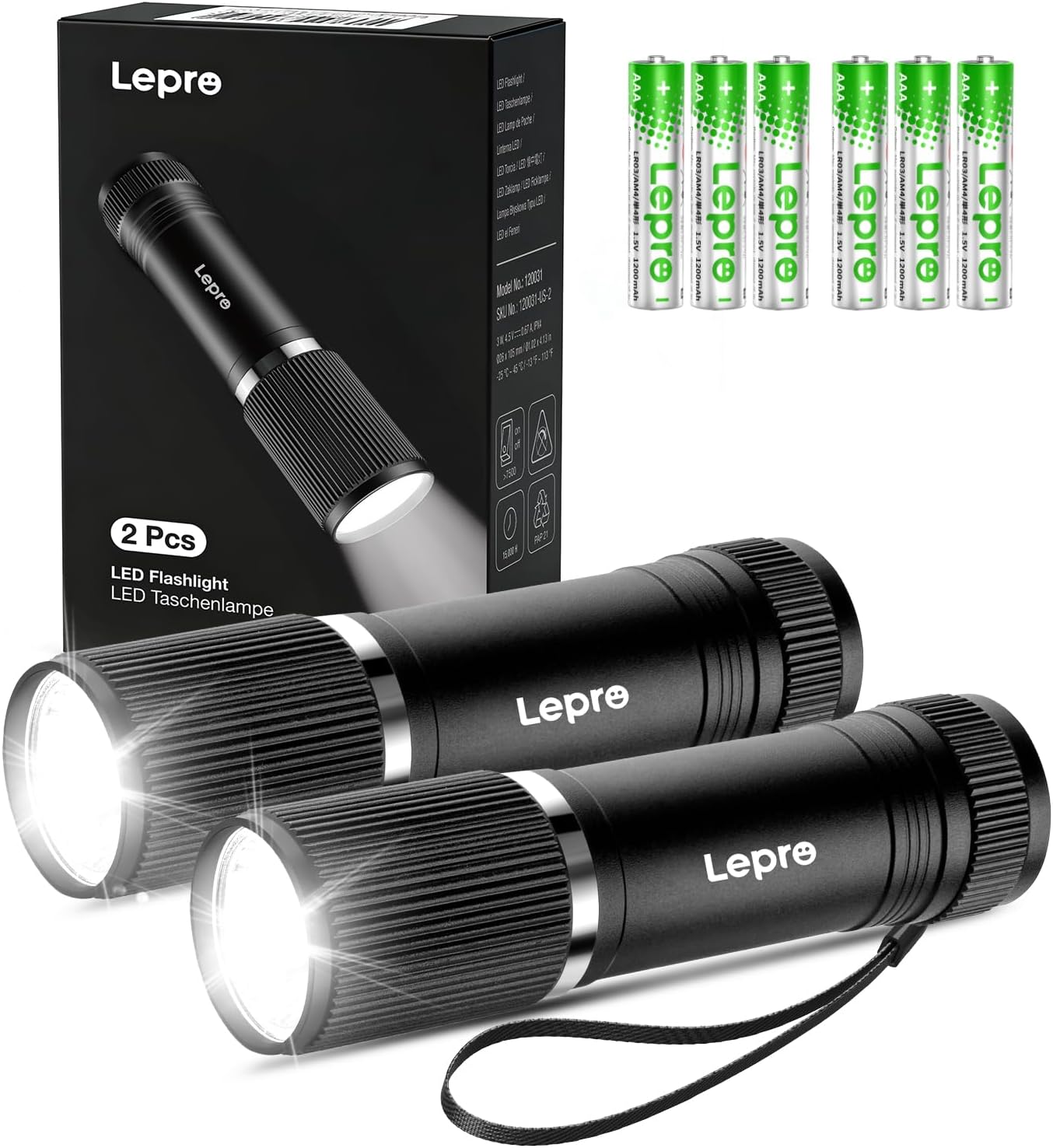 Detalle de Lepro Lampe Torche étanche IPX4 – mini-linterna LED compacte (corps aluminium) lot de 2