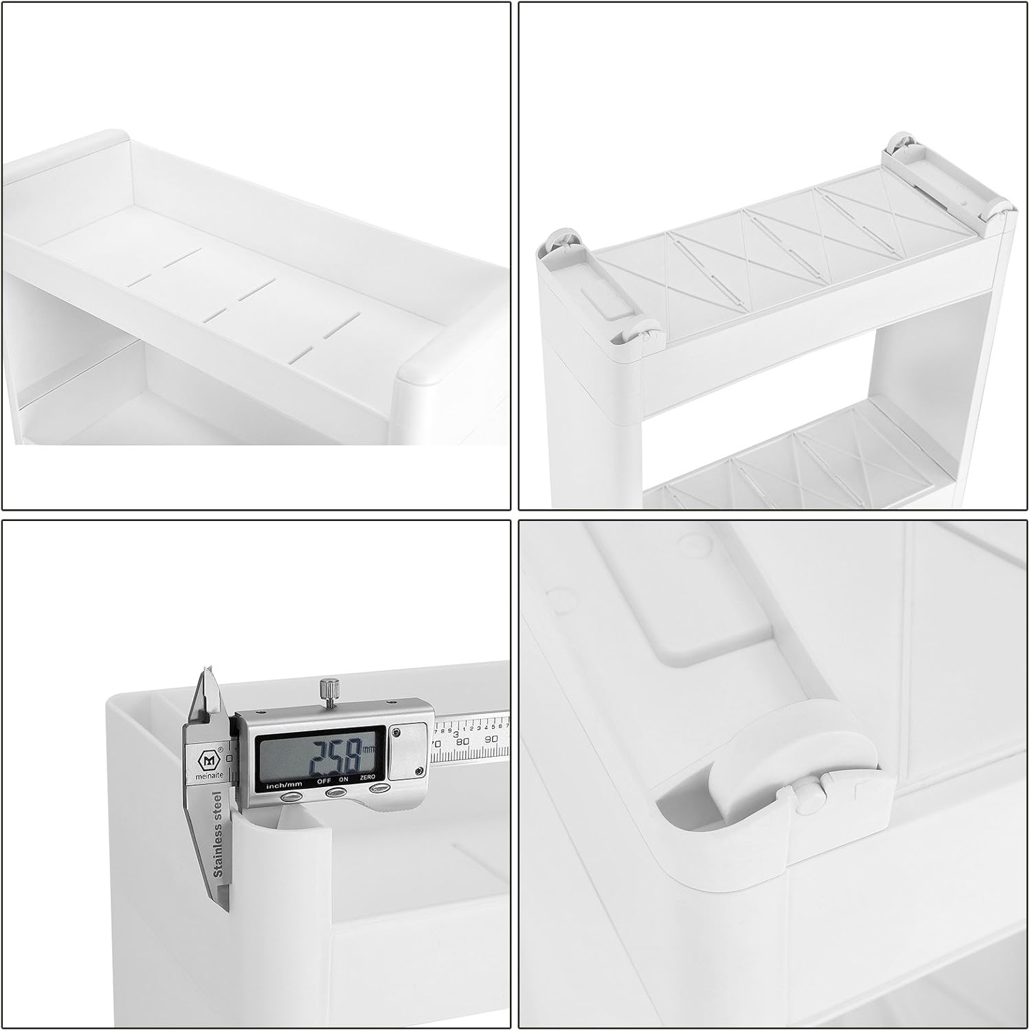 Detalle de SONGMICS Ripiani Stretti Carrello Mobile a 3 Livelli KFR09WT: compatto, versatile e facile da spostare