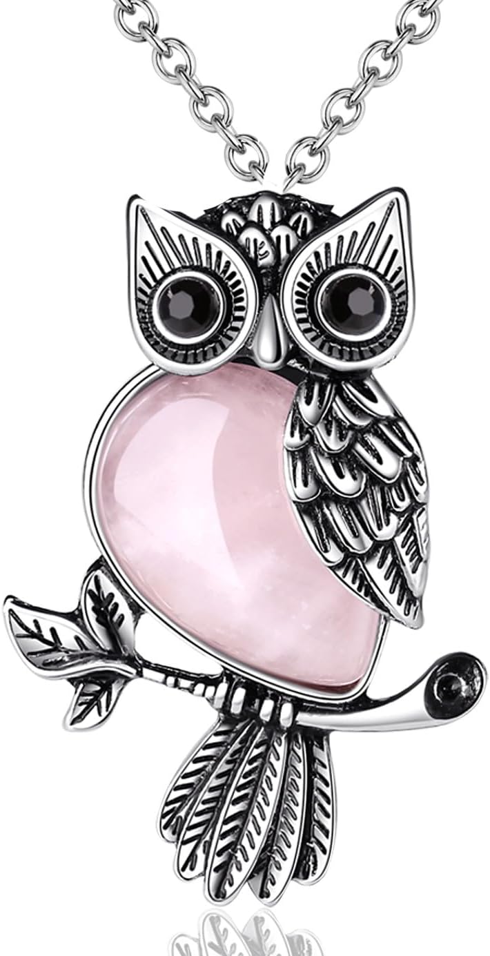 XIANNVXI Crystal Owl Necklace with Rose Quartz