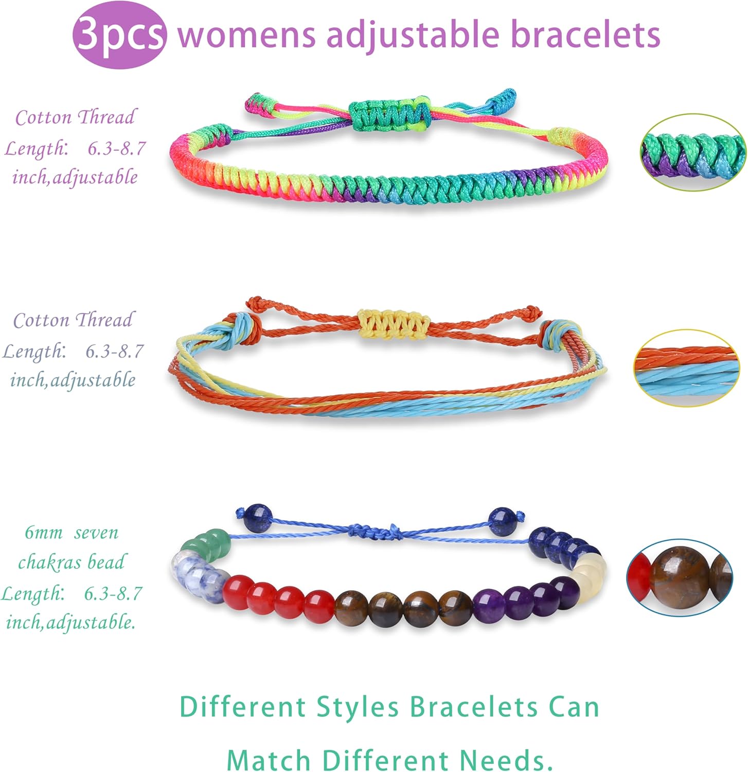 Thumbnail 4 de XIANNVXI 3-pack handmade chakra healing bracelets set (6mm crystal, adjustable braided rope)