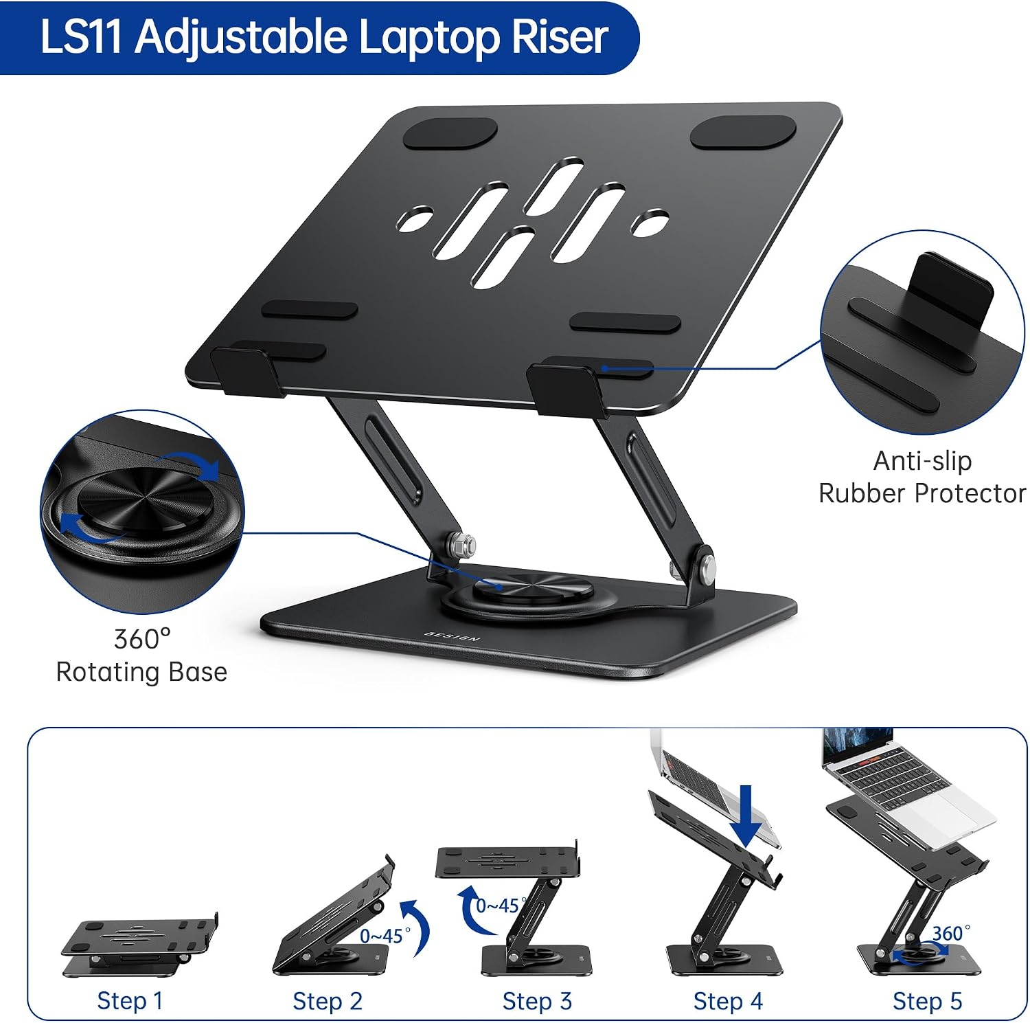 Detalle de BESIGN LS11-Black Laptop Stand, 360° Swivel, Adjustable and Foldable