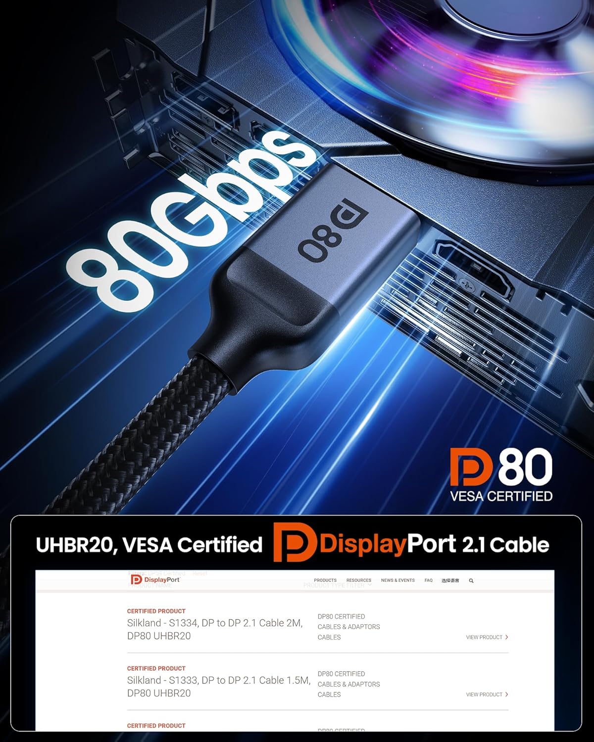Thumbnail 1 de Silkland 80Gbps DisplayPort Cable 1.5m