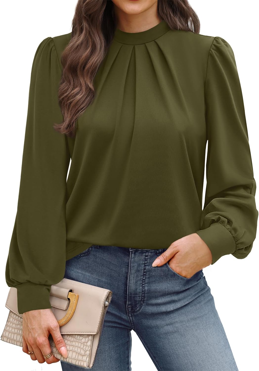 Thumbnail 6 de WIHOLL long sleeve mock neck pleated blouse for women – business loose fit top