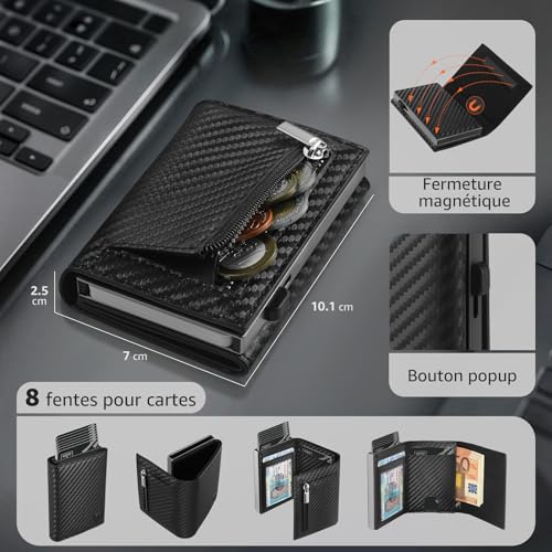 Detalle de TEEHON Portefeuille Homme en Fibre de Carbone – Portefeuille RFID anti-piratage avec blocage magnétique et compartiments pour billets et monnaie