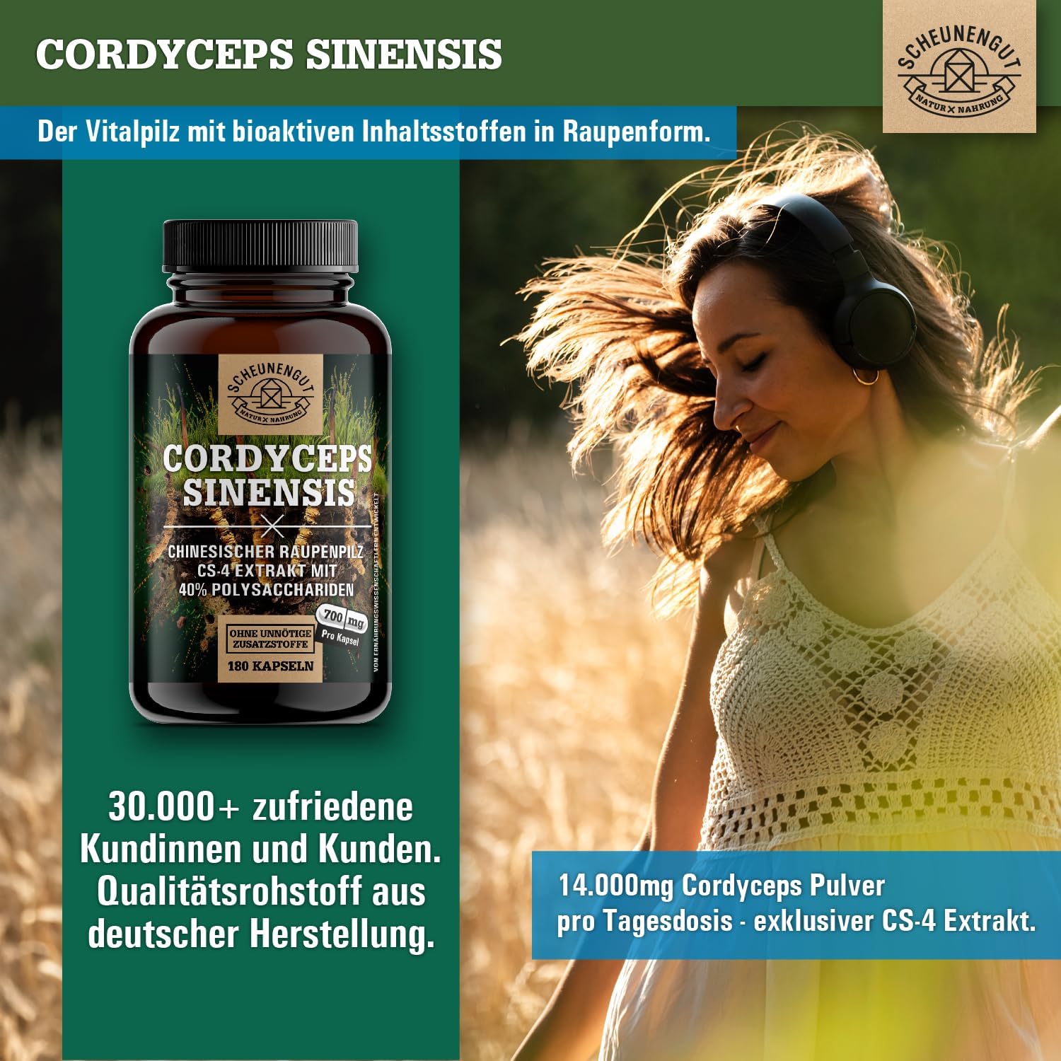 Thumbnail 3 de Cordyceps 1400 mg (10:1 Extrakt) – 40% bioaktive Polysaccharide, vegan – DE SCHEUNENGUT®