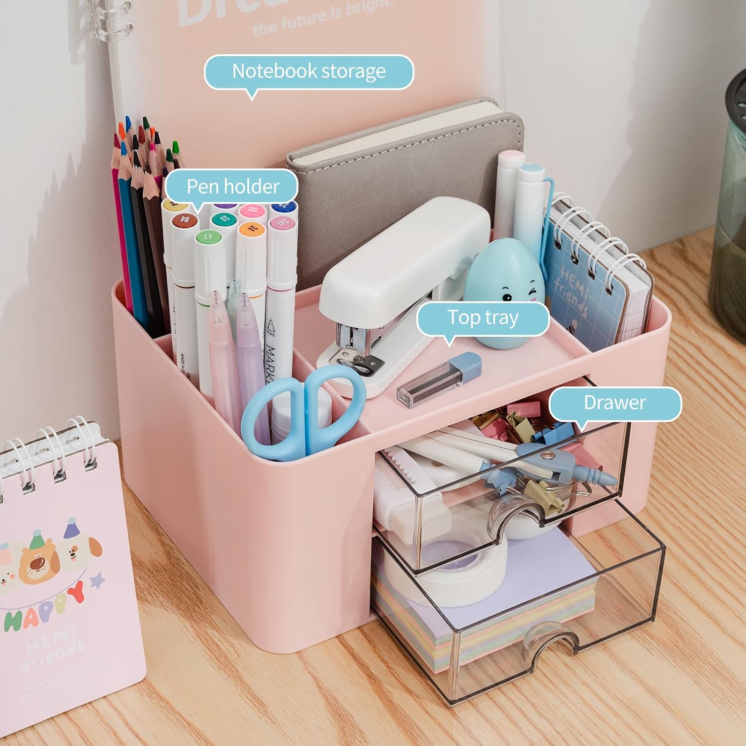 Thumbnail 1 de RISEMART Desk Organiser with 2 Drawers (Pink) – Large Capacity Desk Tidy for Office, School and Makeup