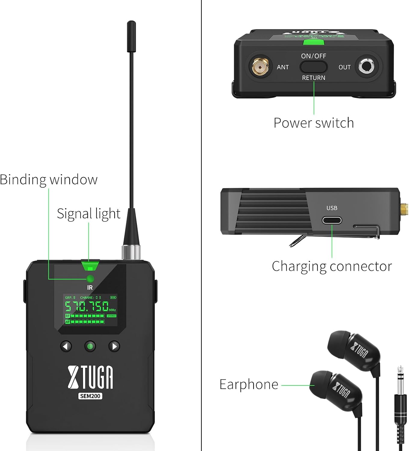 Detalle de XTUGA SEM200 Stereo Wireless In-Ear Monitor System, 2 Bodypacks, UHF