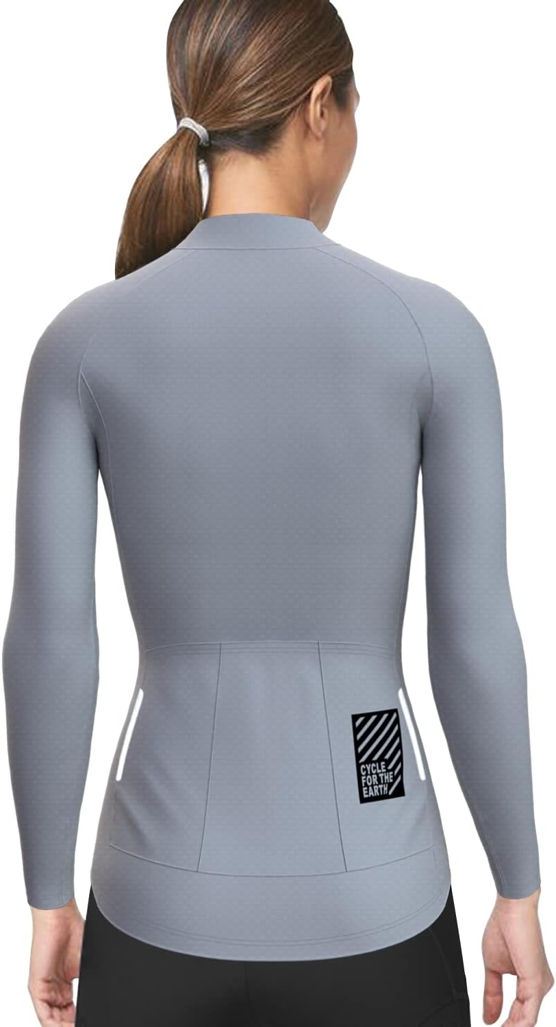 Detalle de Wulibike Damen Langarm Radtrikot mit 3 Rückentaschen – atmungsaktives, schnelltrocknendes Fahrradtrikot